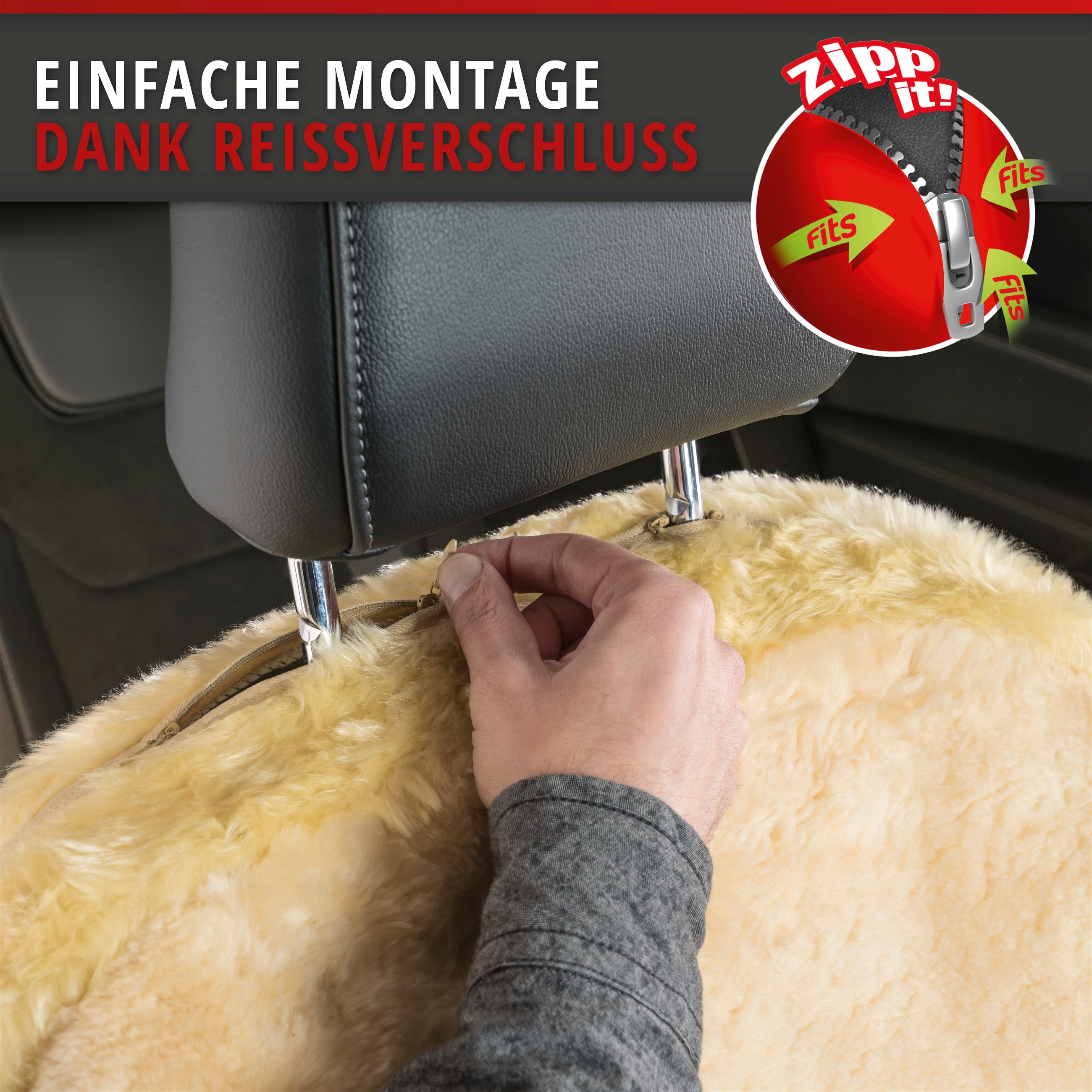 Autositzbezug Nineve aus Lammfell, PKW-Schonbezug Einzelsitz, ZIPP-IT Lammfellbezug mit Reißverschluss beige