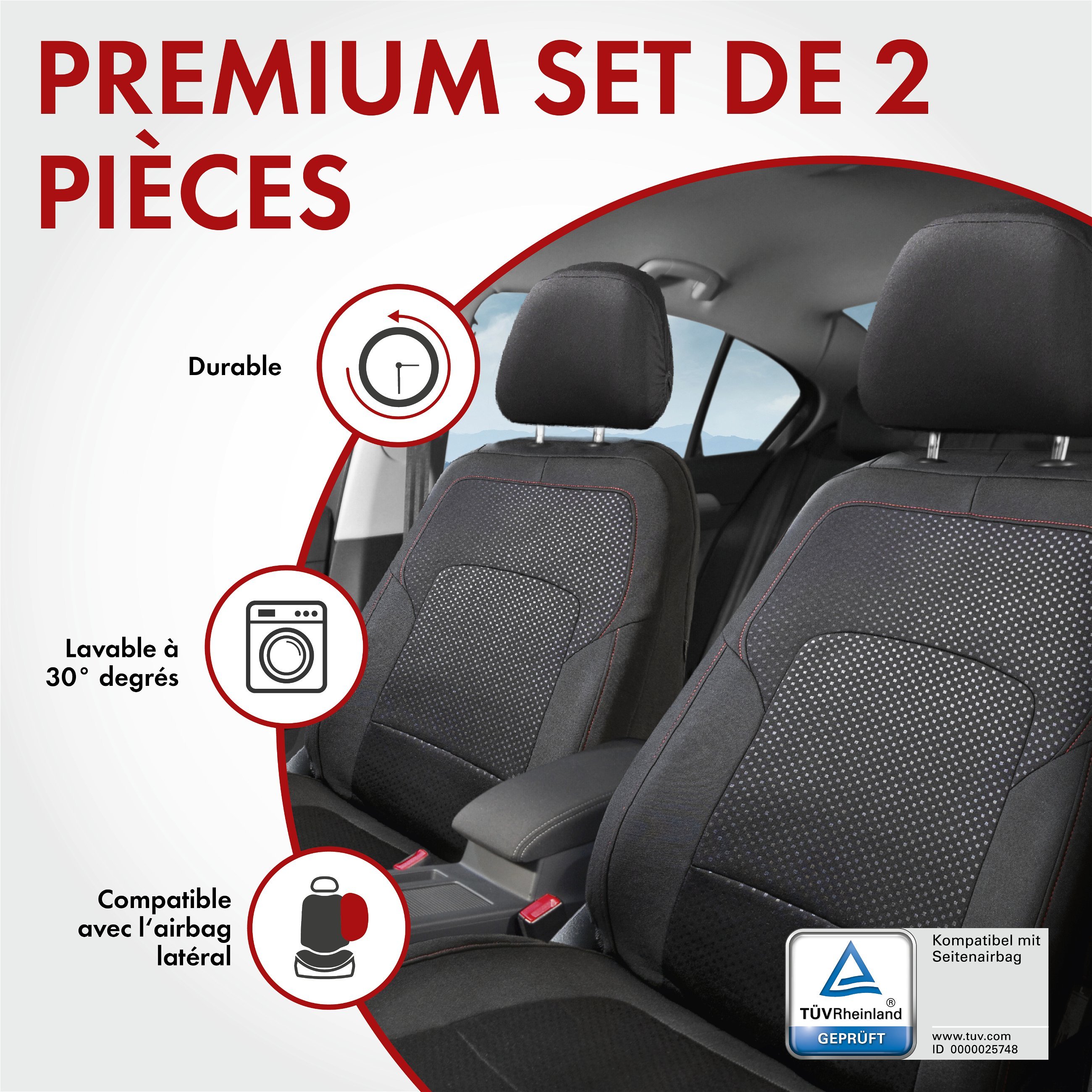 ZIPP IT Premium Housse de sièges Logan pour deux sièges avant avec système de fermeture éclair noir/rouge