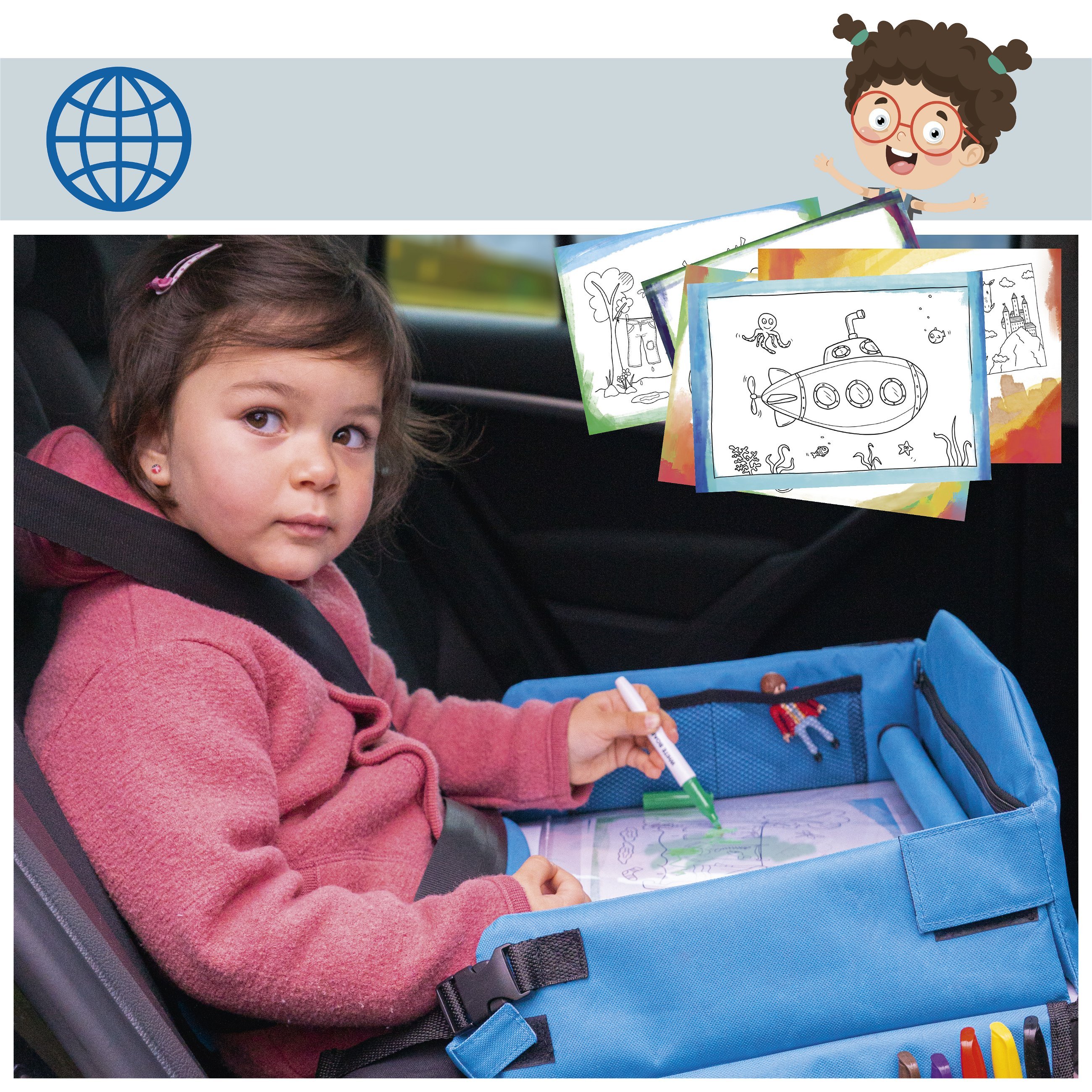 Children's travel play table for the car with tablet holder blue