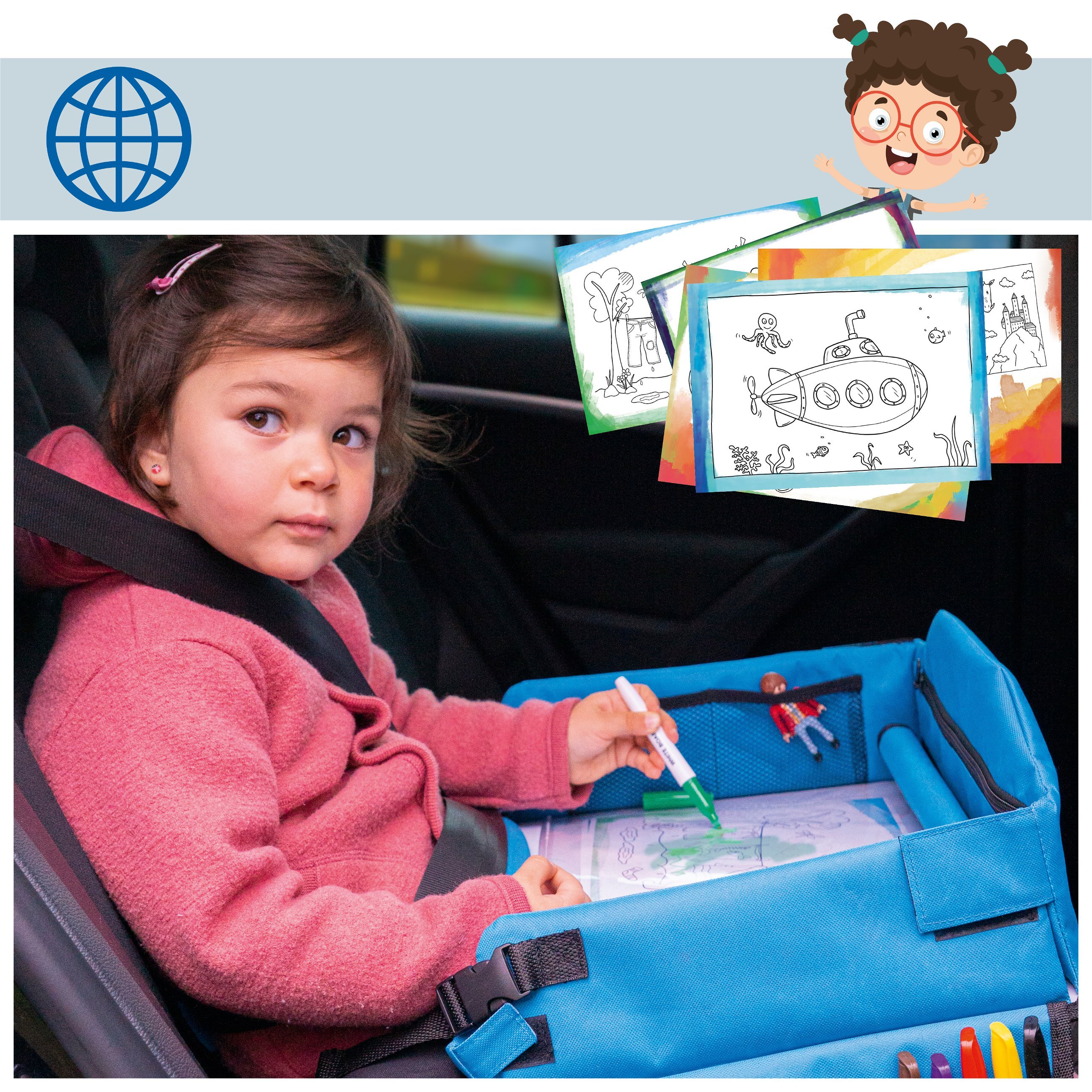 Children's travel play table for the car with tablet holder blue