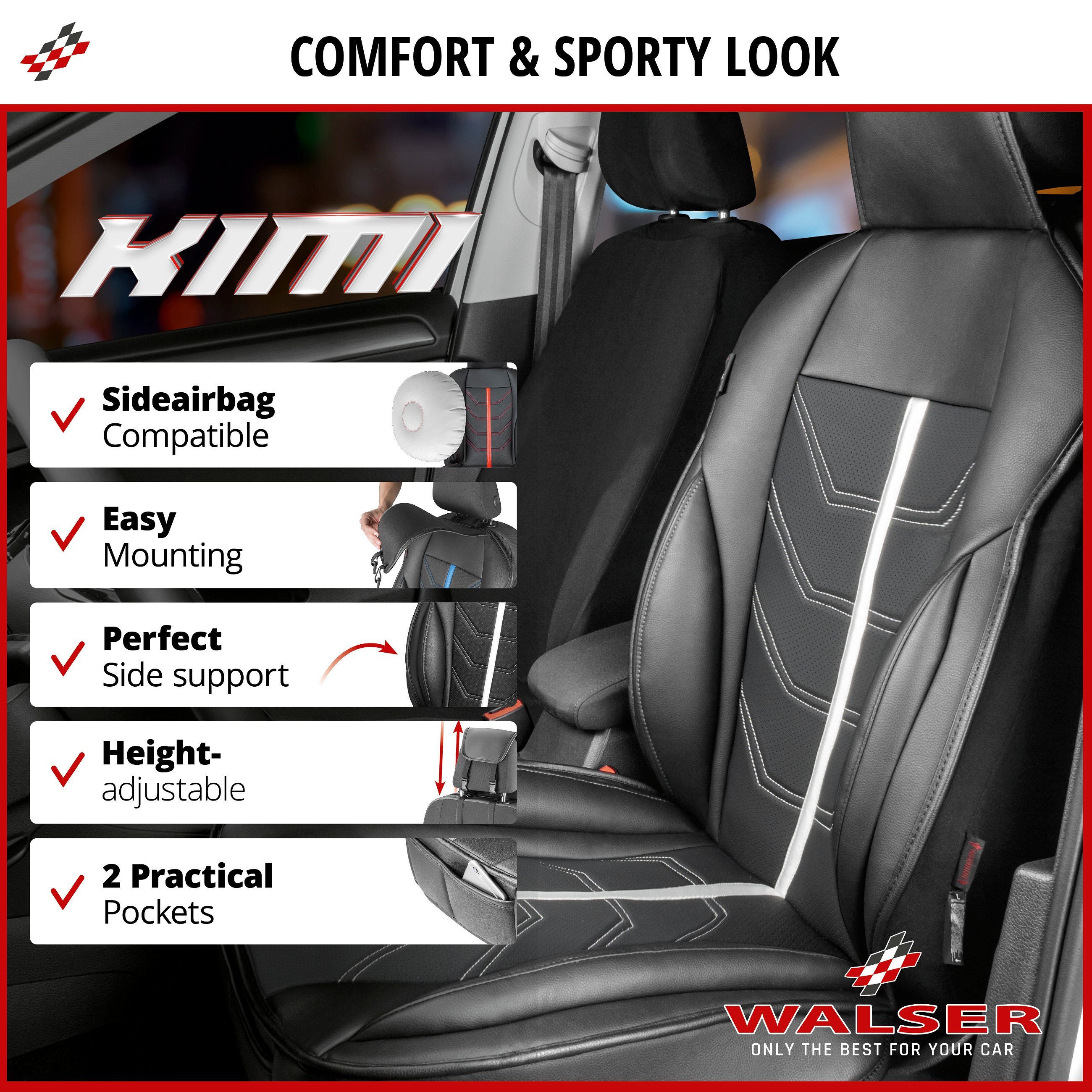 Car Seat cover Kimi, seat protector for cars in racing look black/silver