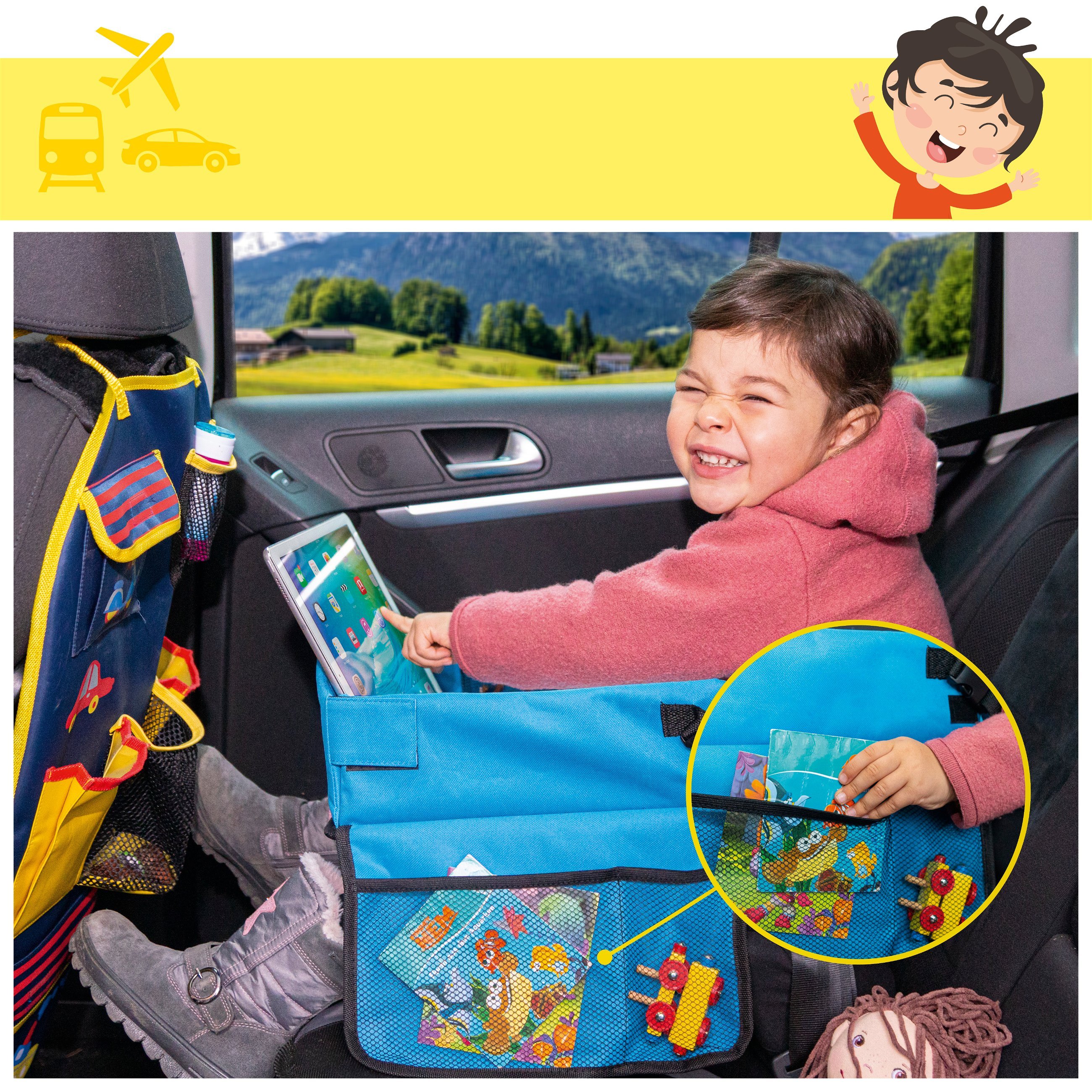 Children's travel play table for the car with tablet holder blue