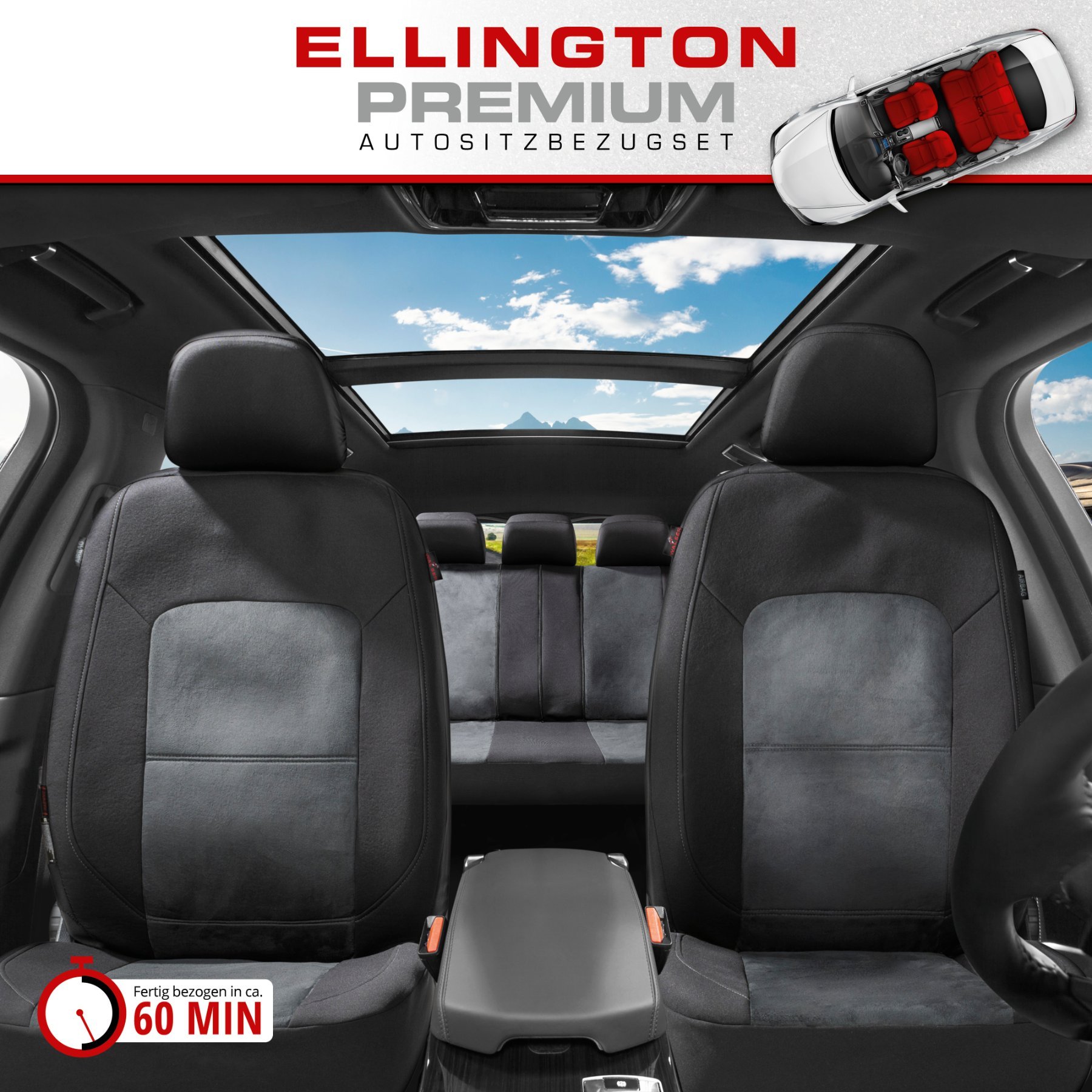 ZIPP IT Premium Autositzbezüge Ellington Komplettset mit Reißverschluss-System schwarz/grau