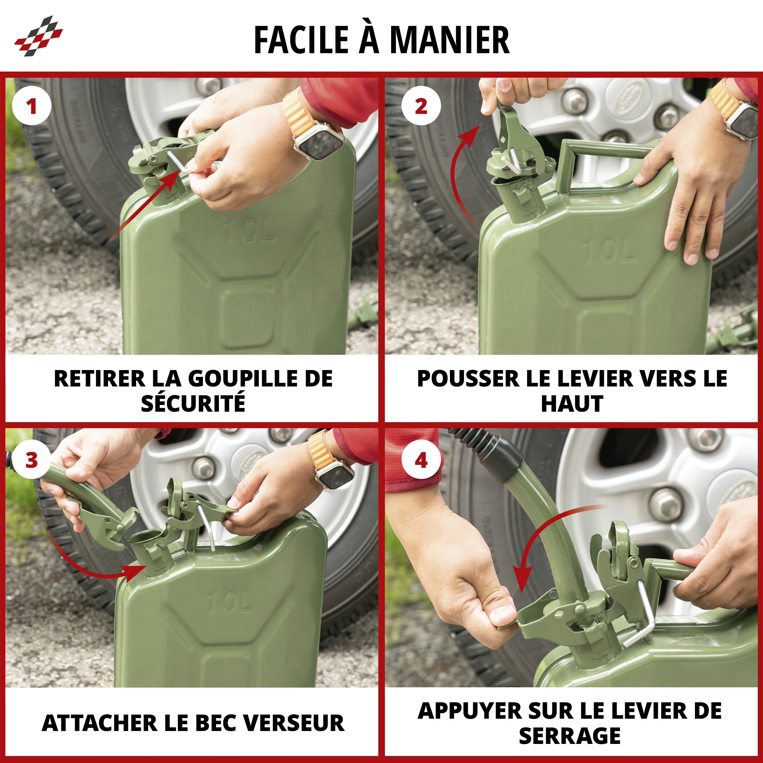 Bidon d'essence en métal 10 litres, Bidon de carburant, Bidon de diesel certifié UN avec fermeture de sécurité 3A1 vert olive, 30x13x40,5 cm