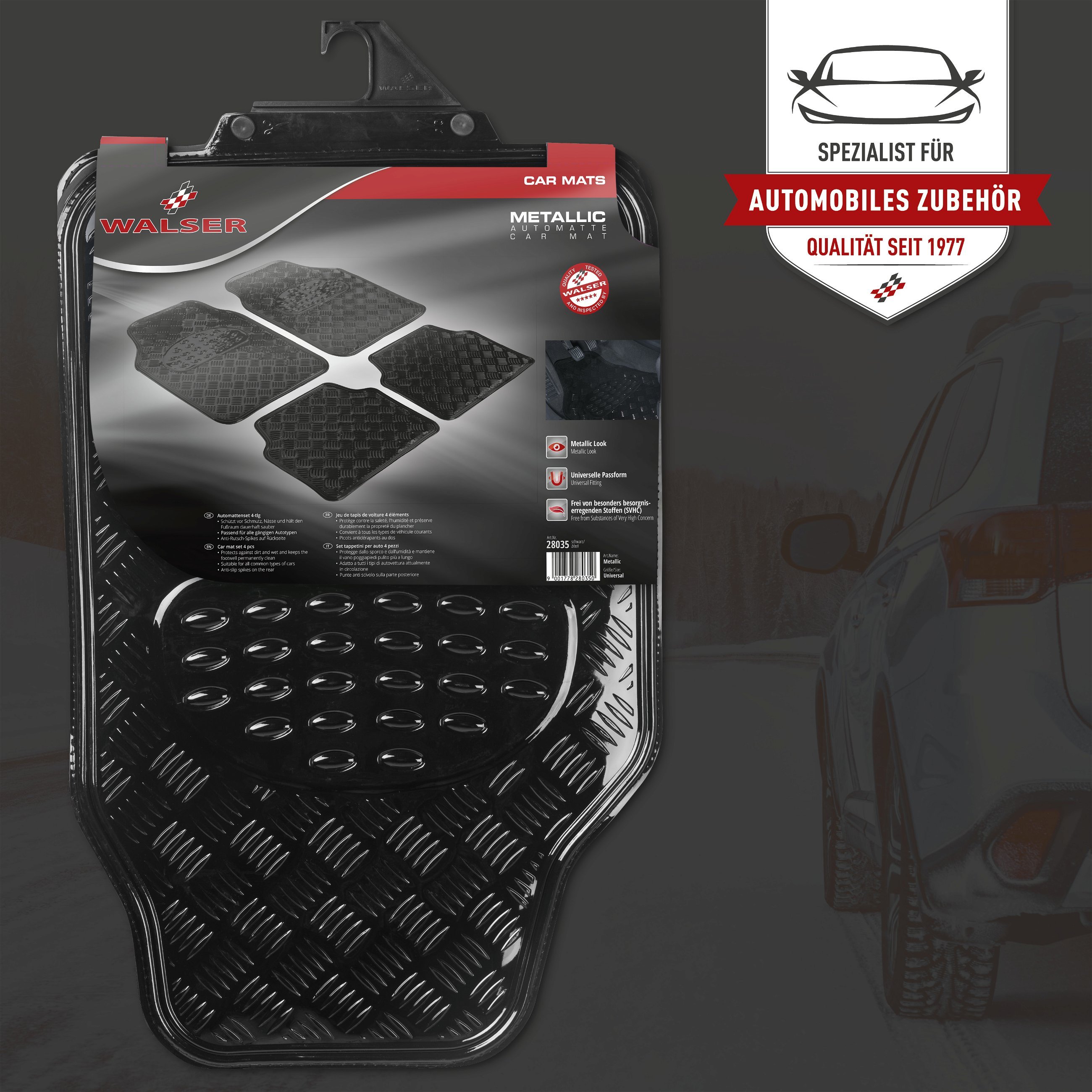 Tapis de voiture en caoutchouc Plaque de contrôle métallique look noir maxi