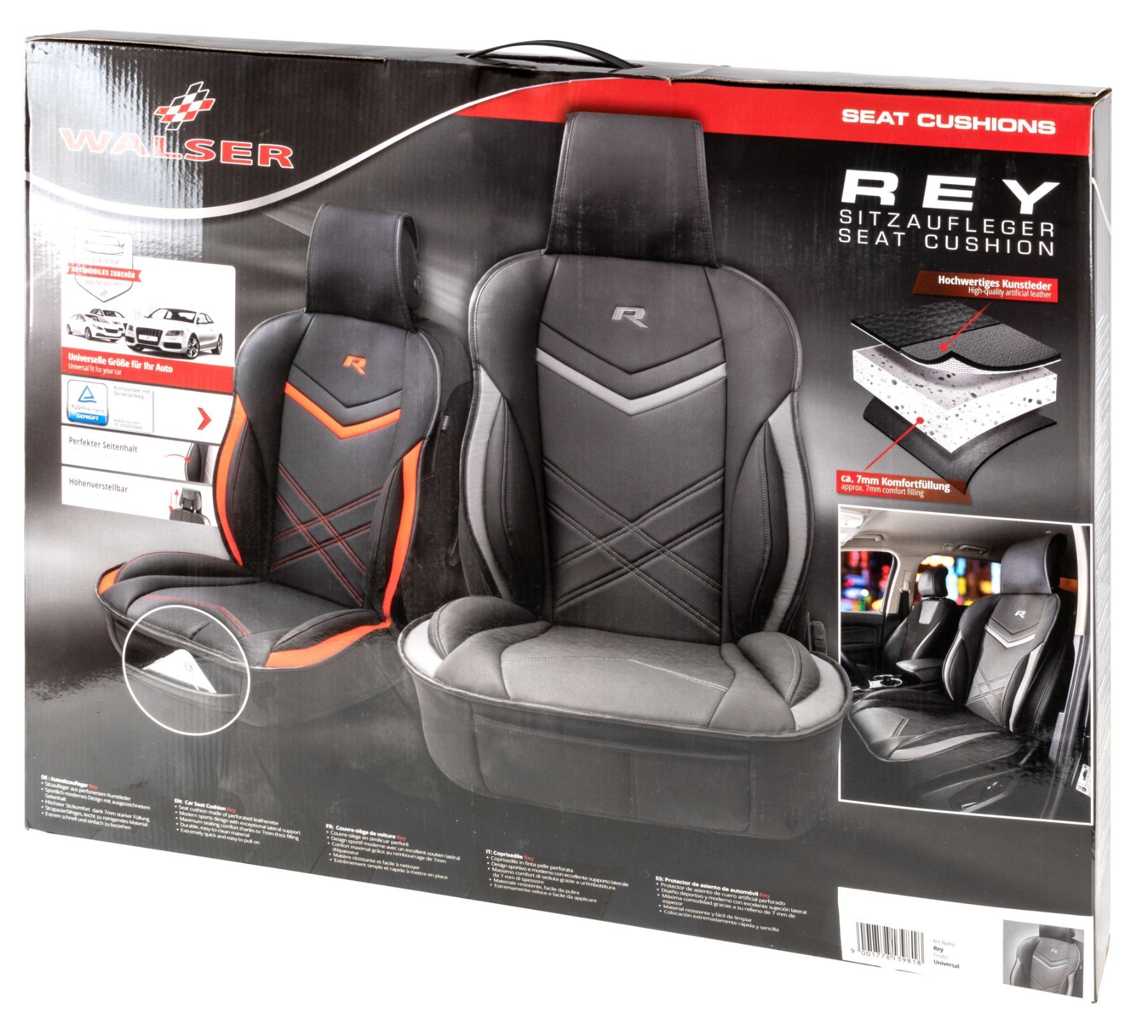 Autostoelhoes Rey, universele stoelhoes en beschermmat in zwart-grijs, stoelbeschermer voor auto's en vrachtwagens in racing look