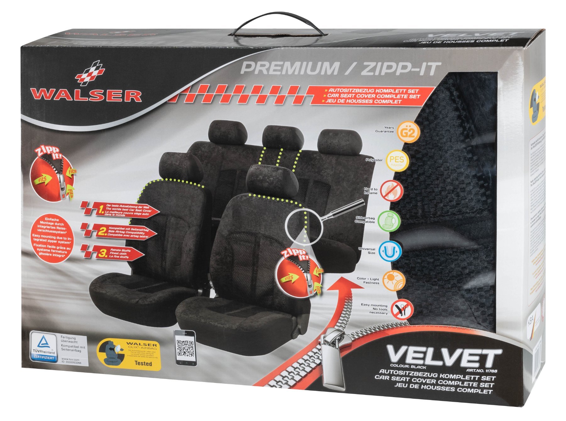 Auto stoelbeschermer Velvet met Zipper ZIPP-IT Autostoelhoes, set, 2 stoelbeschermer voor voorstoel, 1 stoelbeschermer voor achterbank zwart