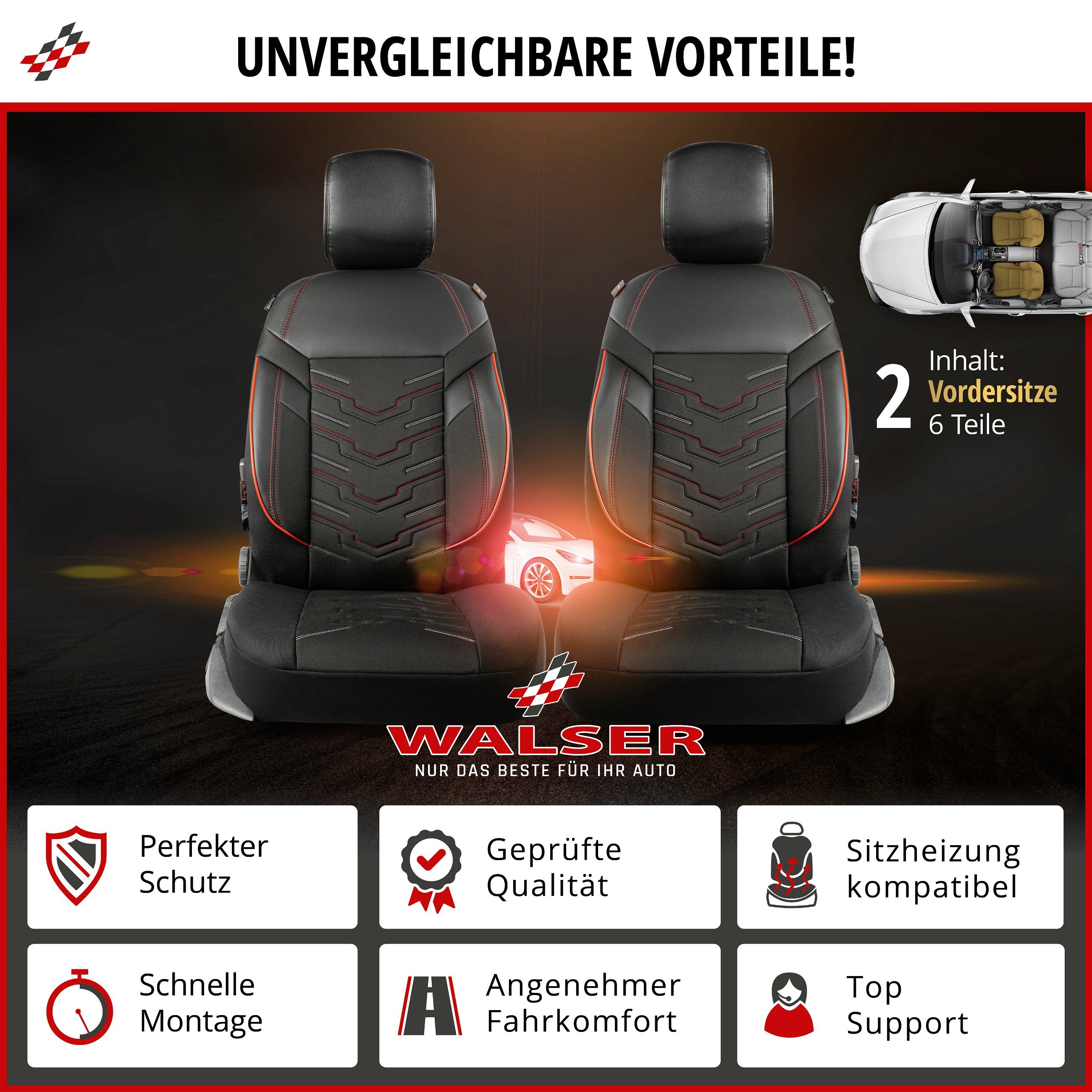 Autositzbezug ZIPP-IT Deluxe Marbella, PKW-Schonbezüge für 2 Vordersitze mit Reißverschluss-System schwarz/rot