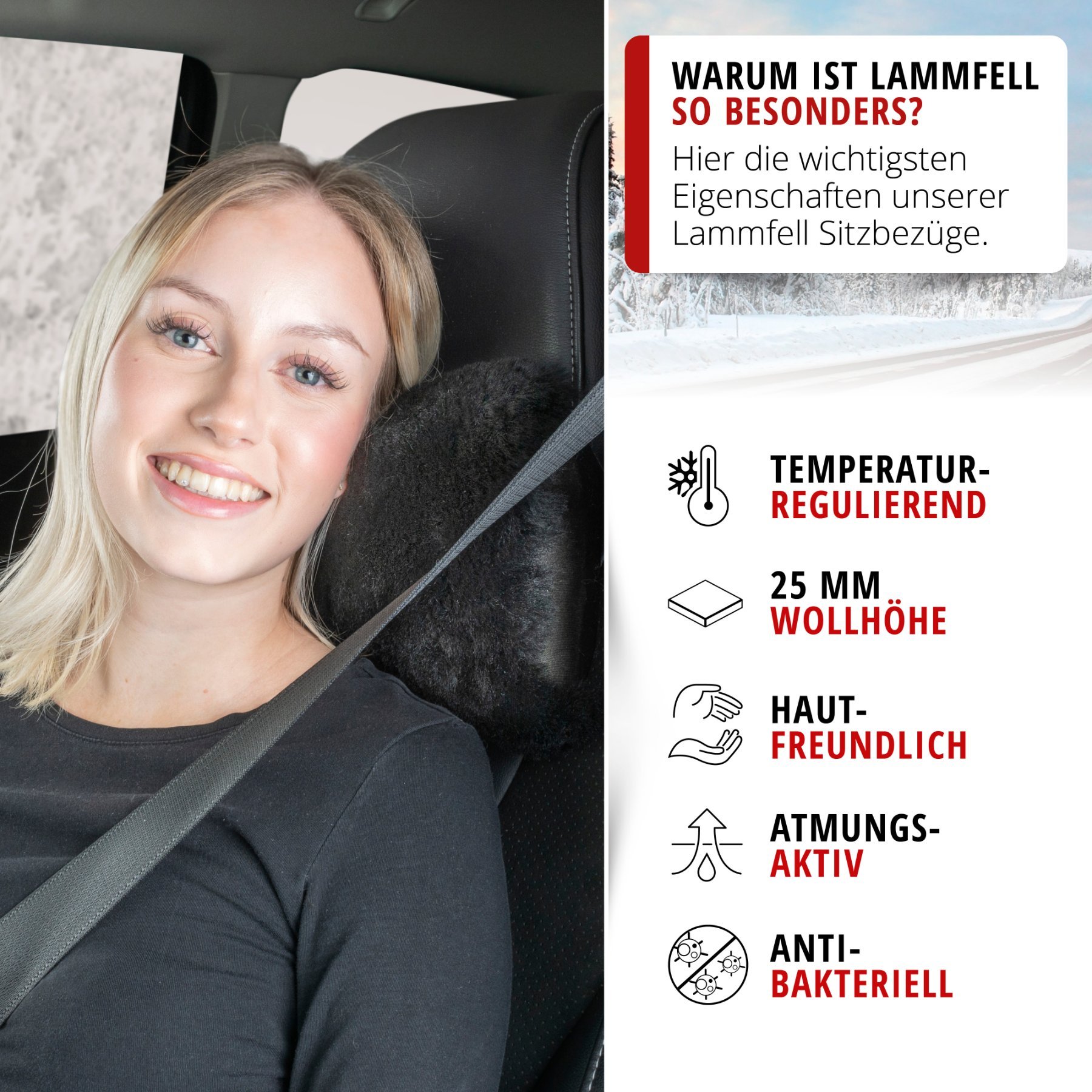 Nackenstütze Mila aus Lammfell, Nackenkissen-Auto, Lammfell-Reisekissen schwarz