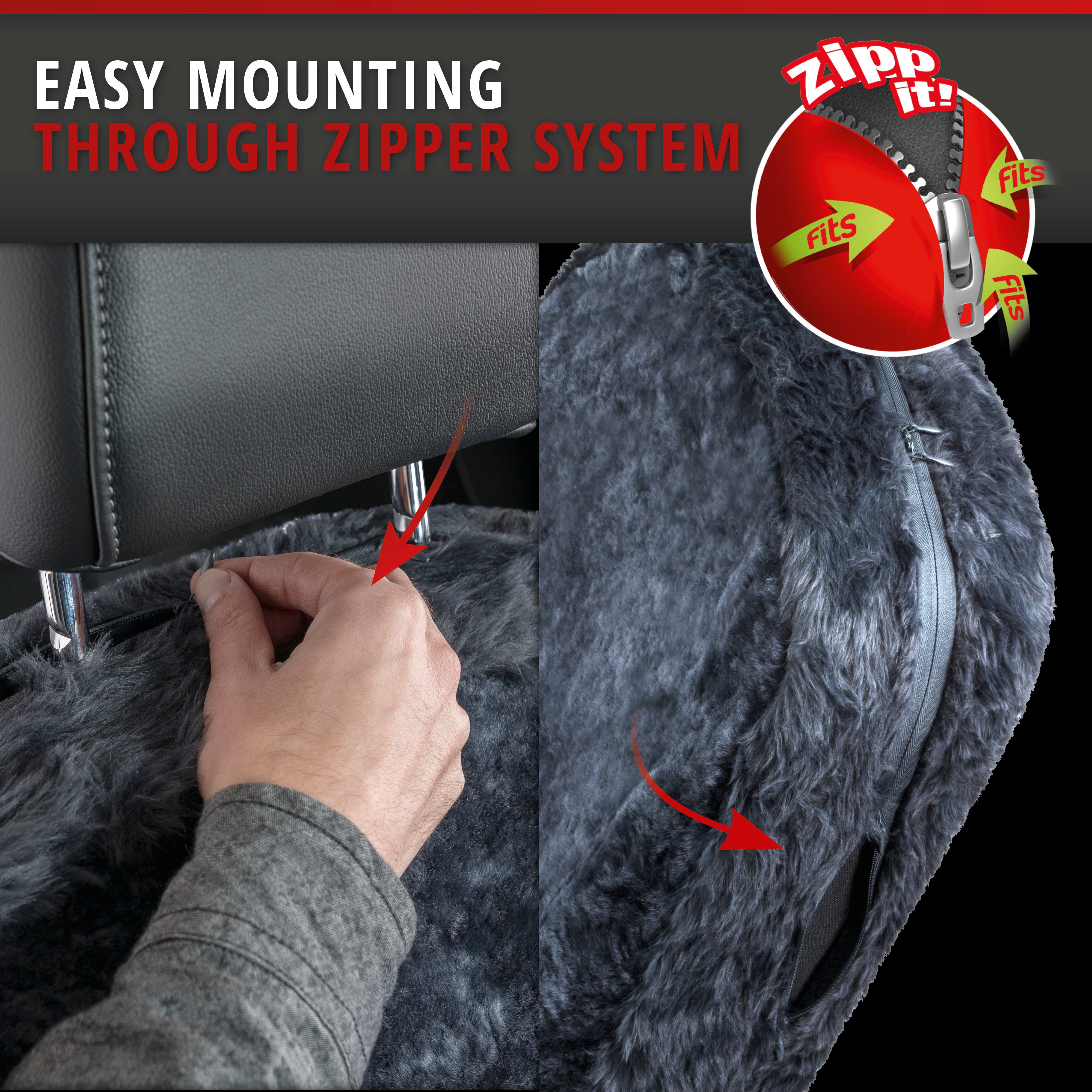 Nineve car Seat cover in lambskin anthracite with ZIPP IT system