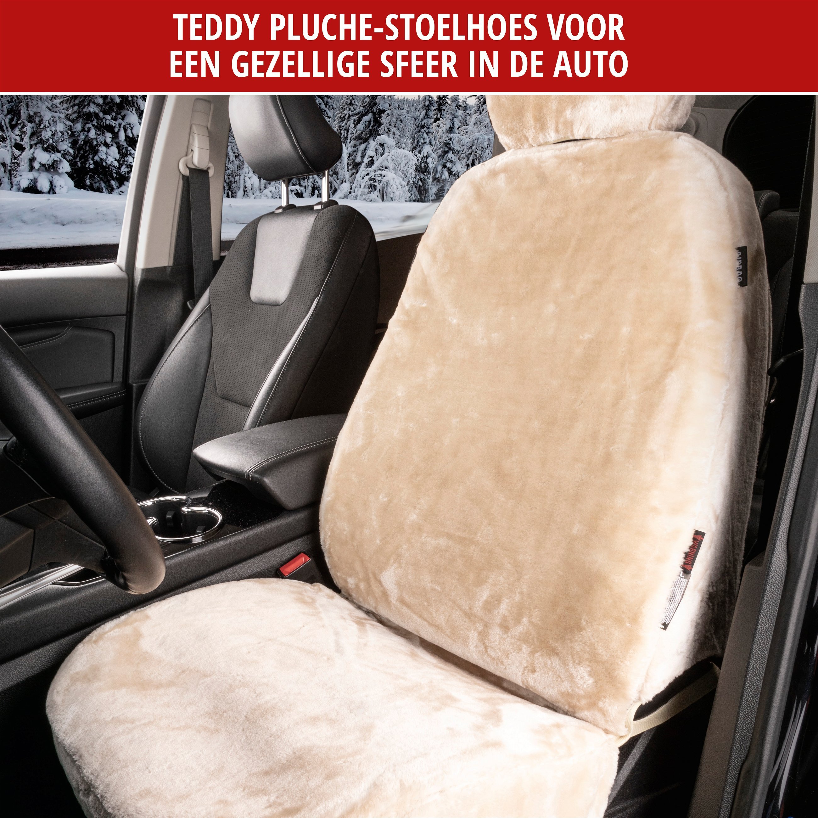 Autostoelhoes teddy, stoelhoes kunstbont, vegan autohoes in bontoptiek, fluffy stoelhoes vegan beige
