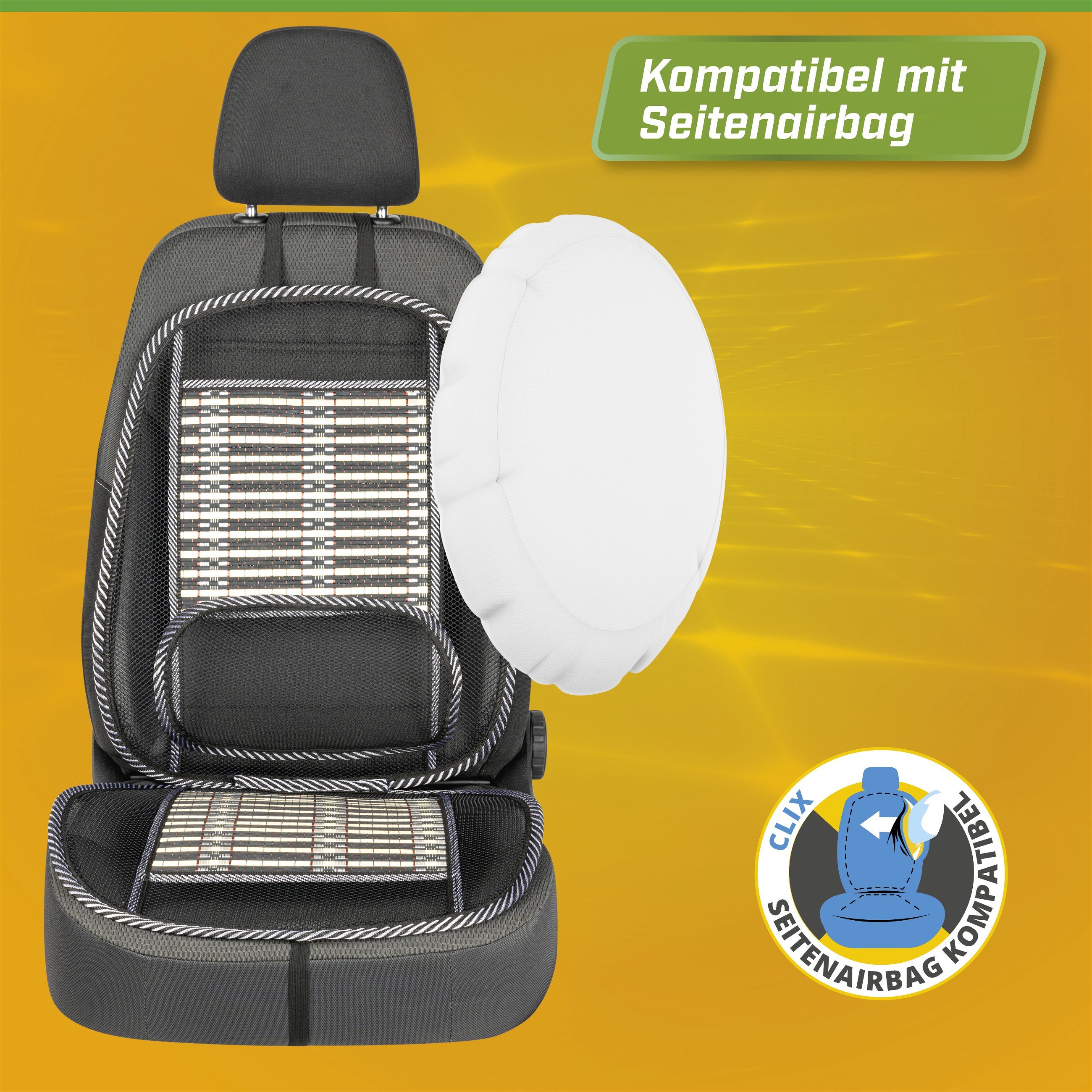 Atmungsaktive Bambus-Sitzauflage mit Lordosenstütze, Auto-Sitzauflage beige/schwarz