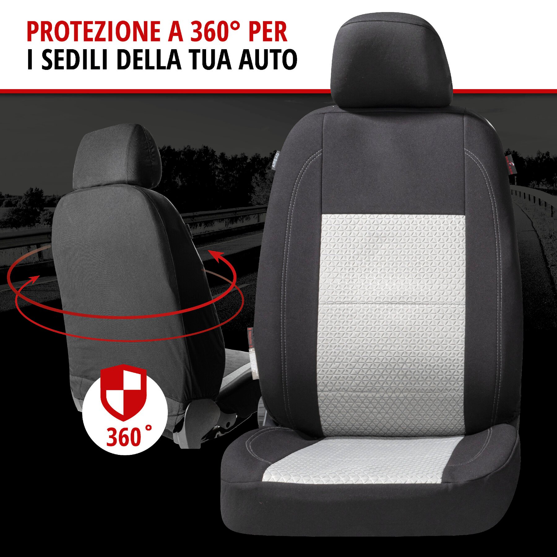 ZIPP IT Premium Coprisedili Avignon per due sedili anteriori con sistema di chiusura lampo nero/argento