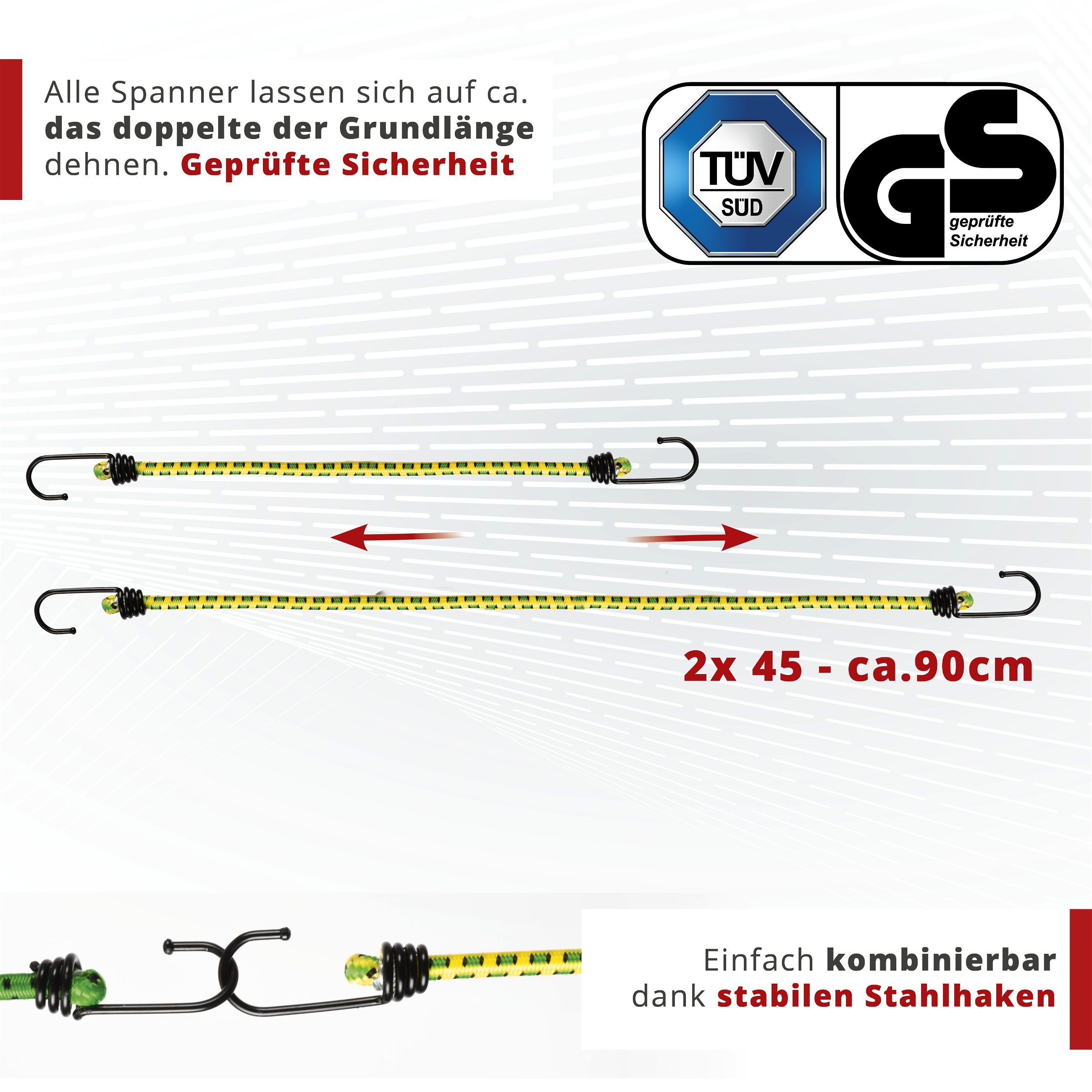 Gepäckspanner mit Haken, Spanngummi-Set, 2 Spanngurte 45 cm gelb