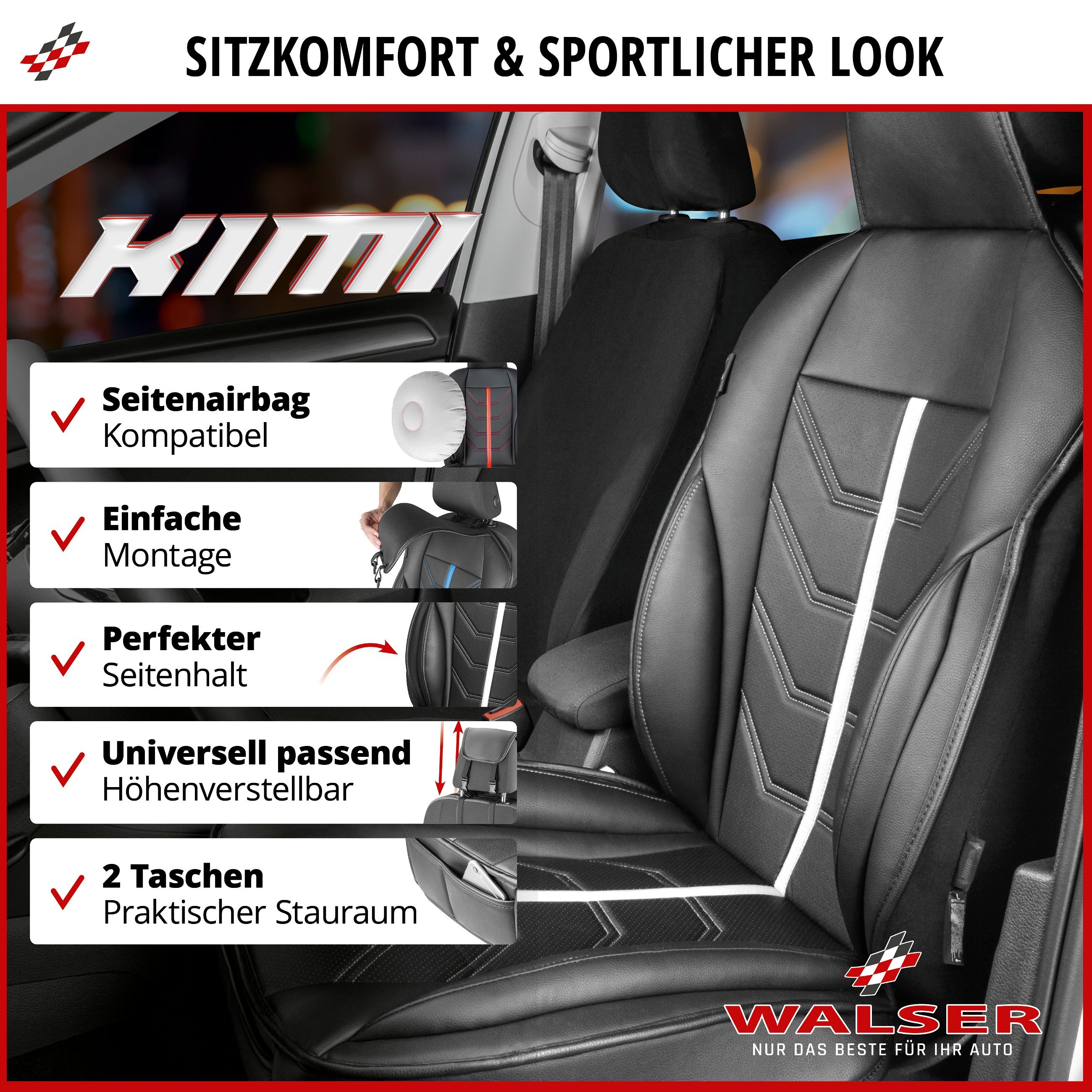 PKW Sitzauflage Kimi, Auto-Sitzaufleger im Rennsportdesign schwarz/weiß