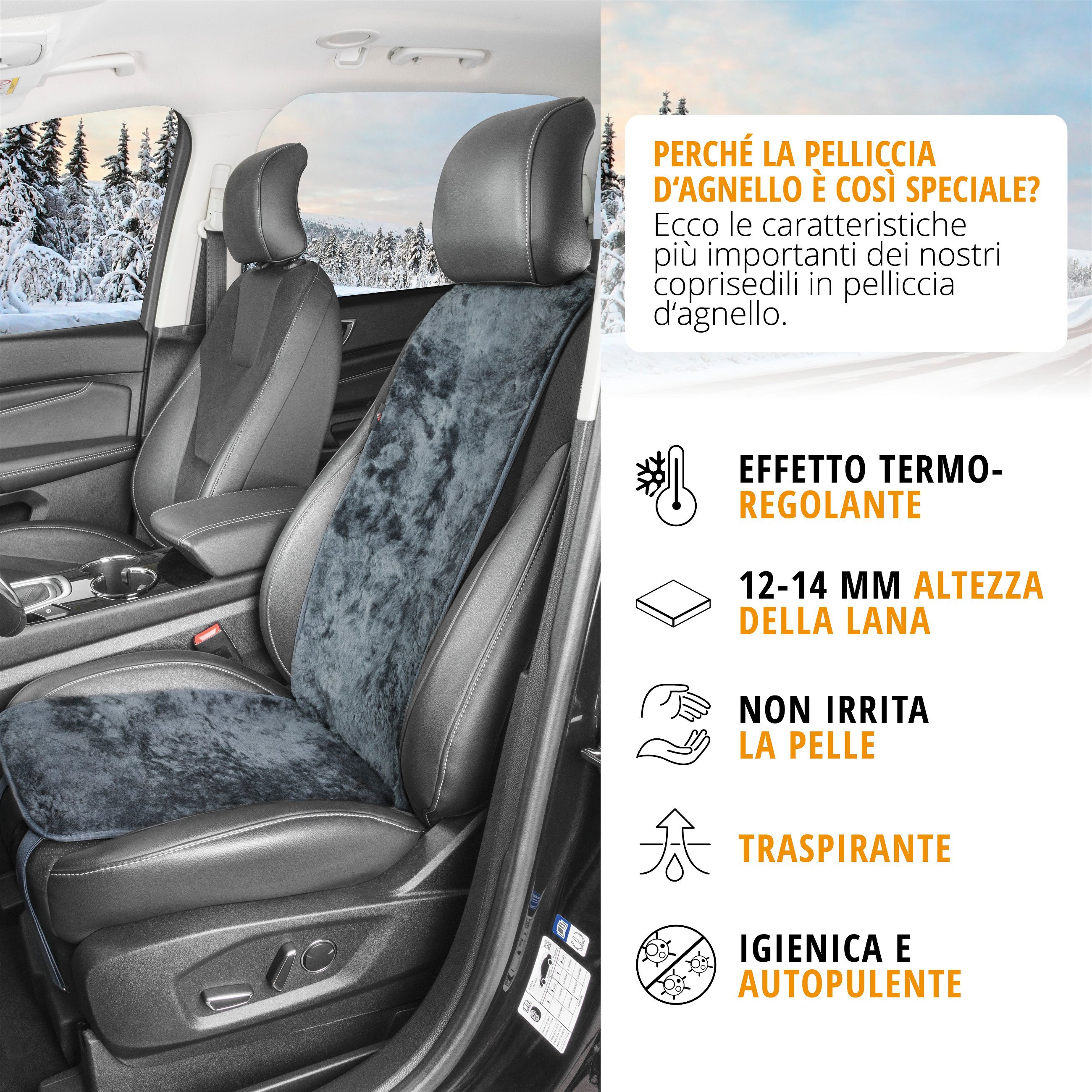 Coprisedili auto in pelle d'agnello Cosmo antracite 12-14mm altezza pelo