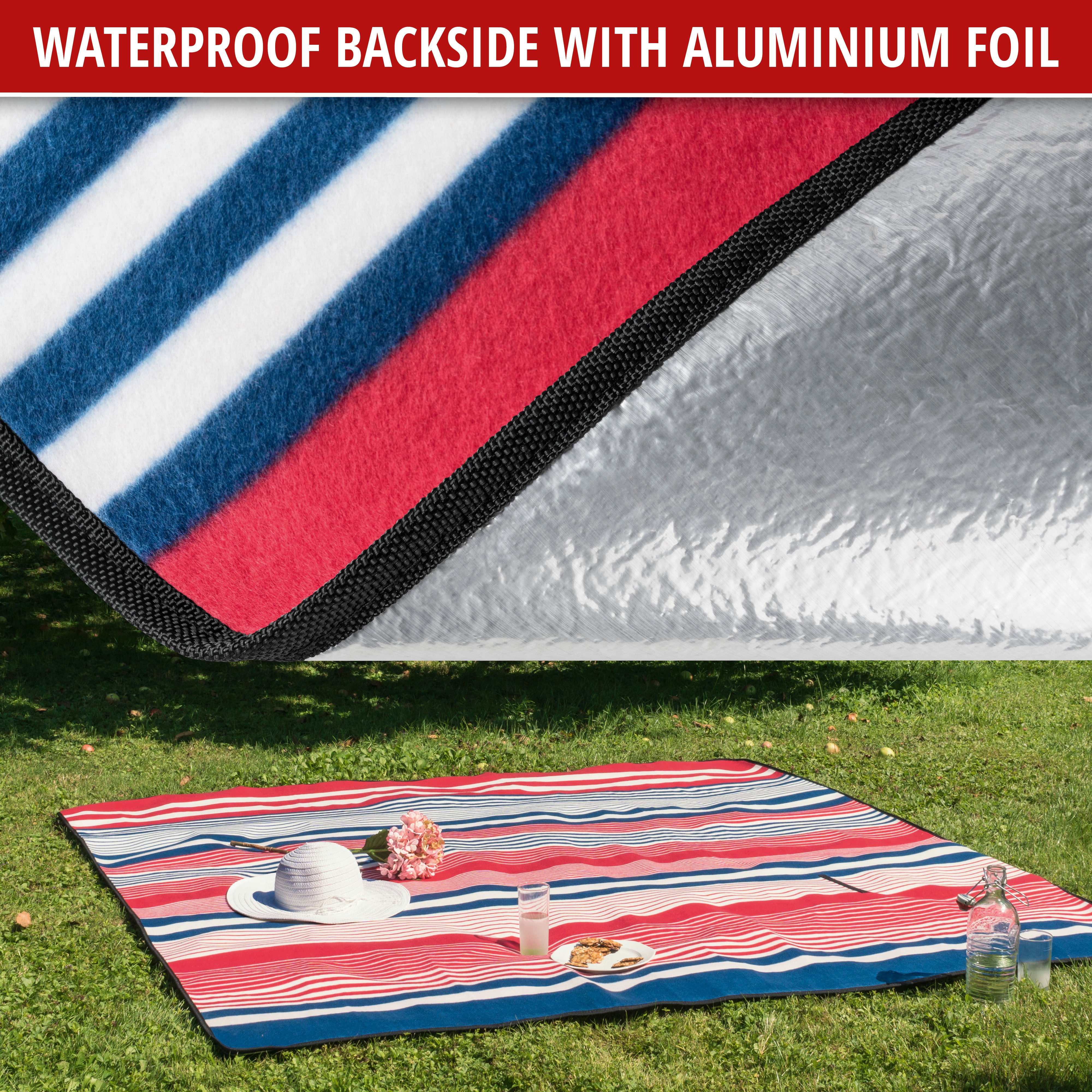 Travel blanket with aluminium back red/blue stripes 200x200cm