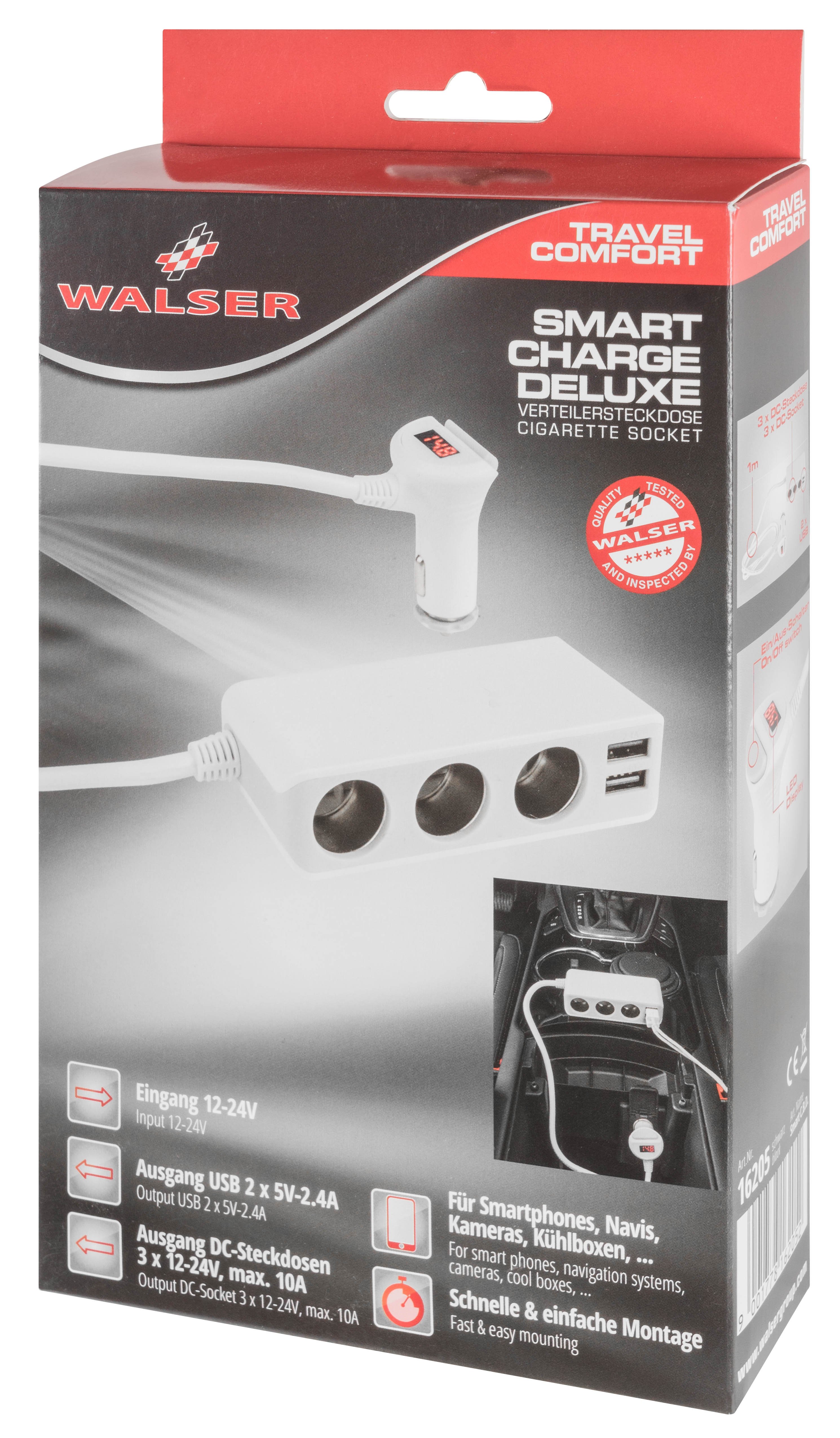 Autolader Smart Charge Deluxe, autolader met 3 verdeelstekkers en 2 USB poorten, sigarettenaansteker lader 12/24V wit