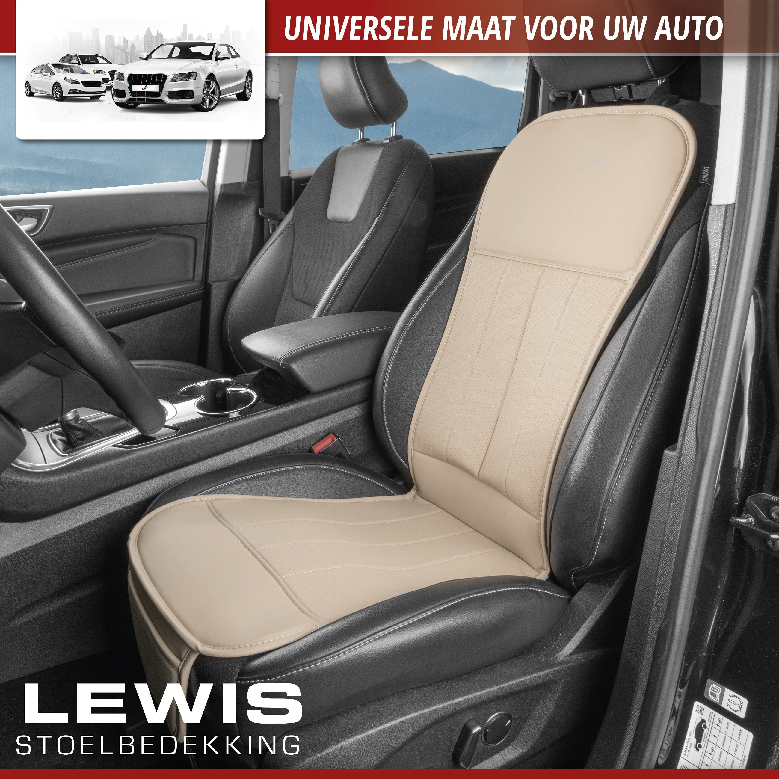 Autostoelhoes Lewis, universele stoelhoes en beschermmat in beige, stoelbeschermer voor auto's en vrachtwagens