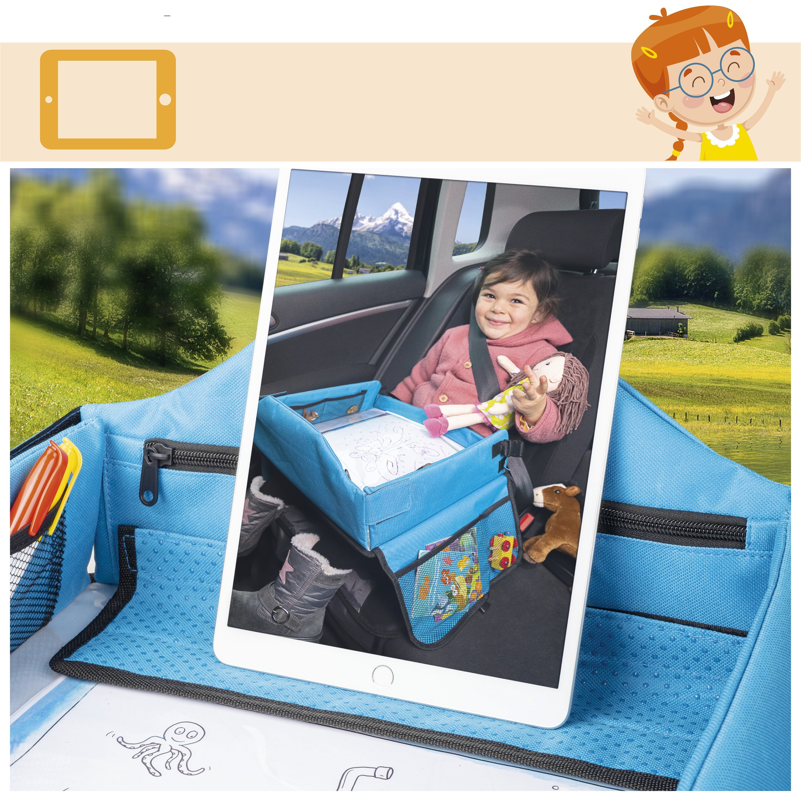 Children's travel play table for the car with tablet holder blue