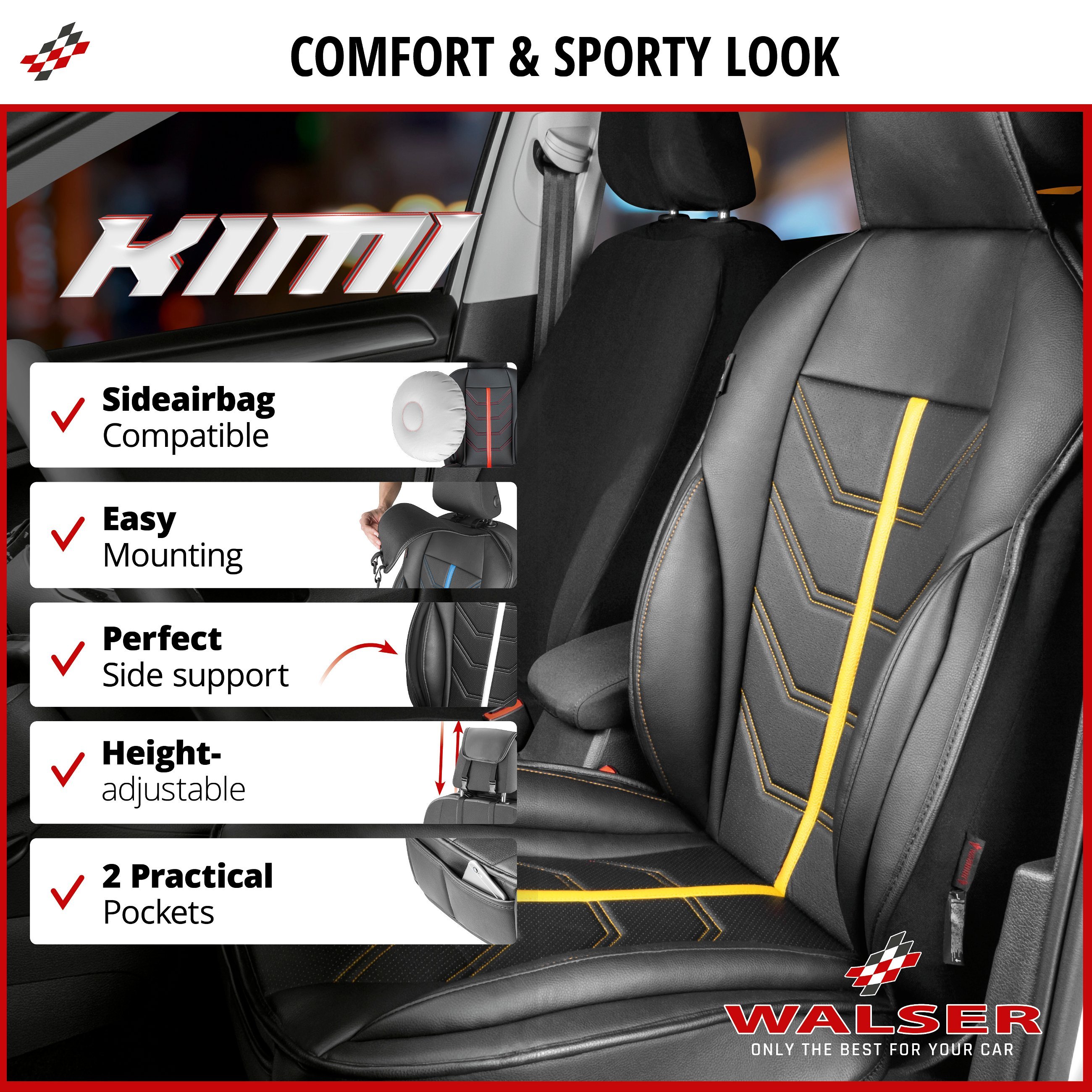 Car Seat cover Kimi, seat protector for cars in racing look black/yellow