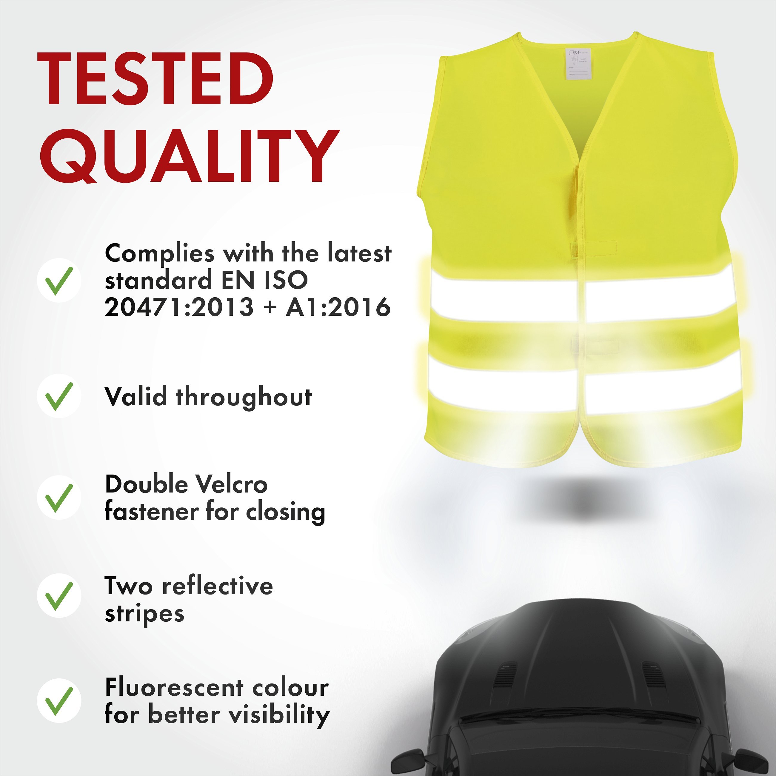 Safety waistcoat, reflective high visibility waistcoat car according to EU standard EN ISO 20471:2013+A1:2016, fluorescent waistcoat adult unisex L yellow