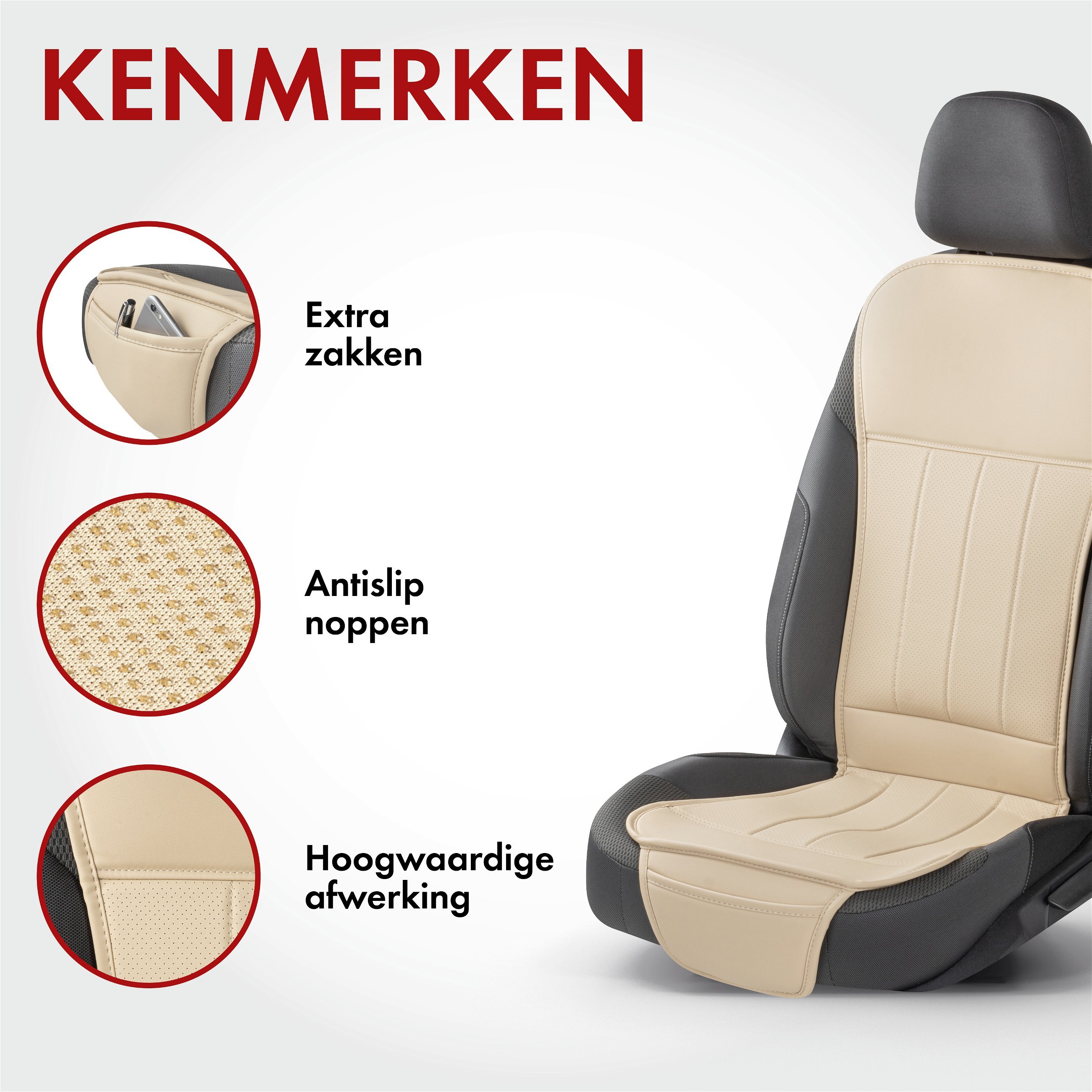 Autostoelhoes Lewis, universele stoelhoes en beschermmat in beige, stoelbeschermer voor auto's en vrachtwagens