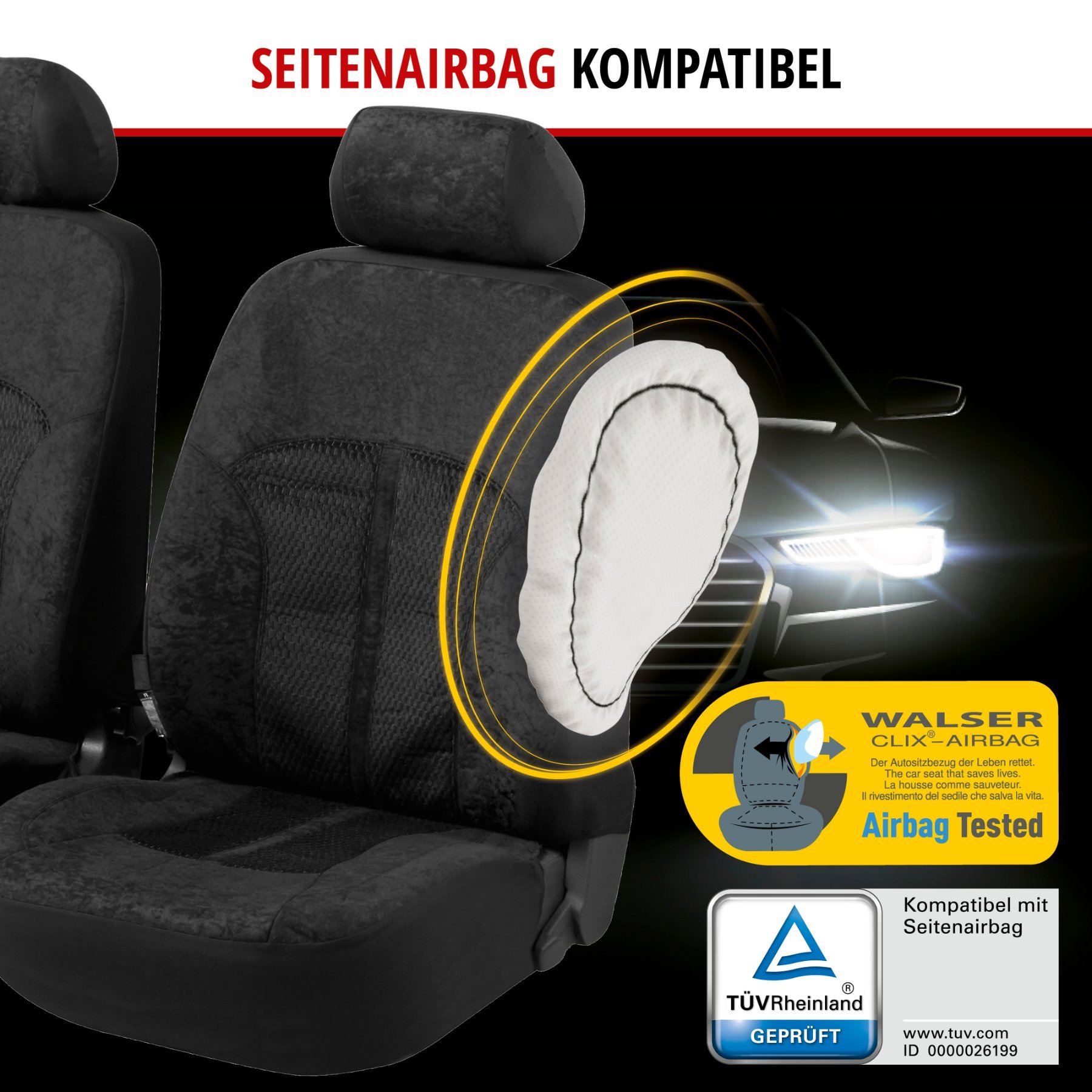 Autositzbezug ZIPP-IT Premium Velvet, PKW-Schonbezüge Komplettset mit Reißverschluss-System schwarz