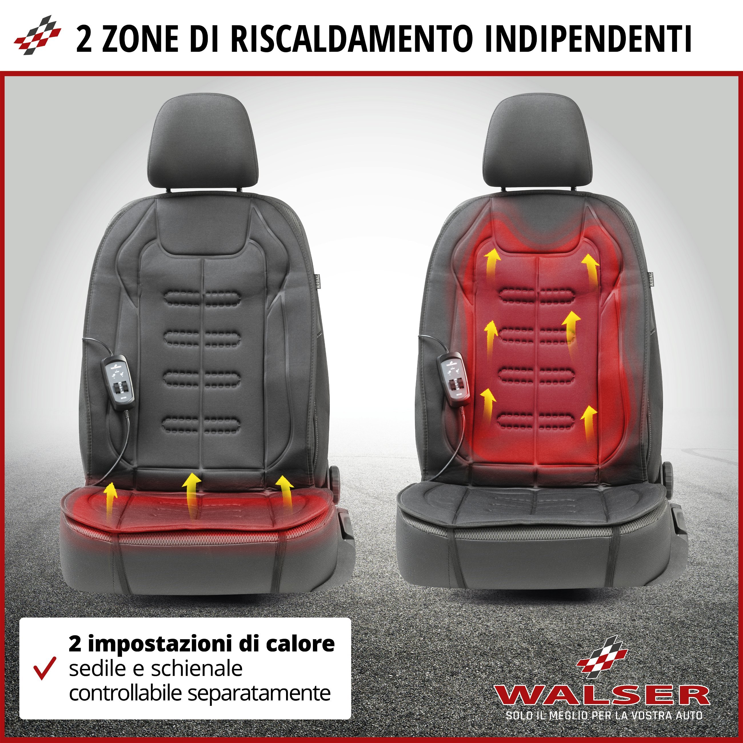 Premium coprisedile riscaldato , modello Caldo - schienale e superficie del sedile riscaldabili singolarmente, 2 livelli di riscaldamento selezionabili, riscaldamento del sedile dell'auto con presa a 12 volt