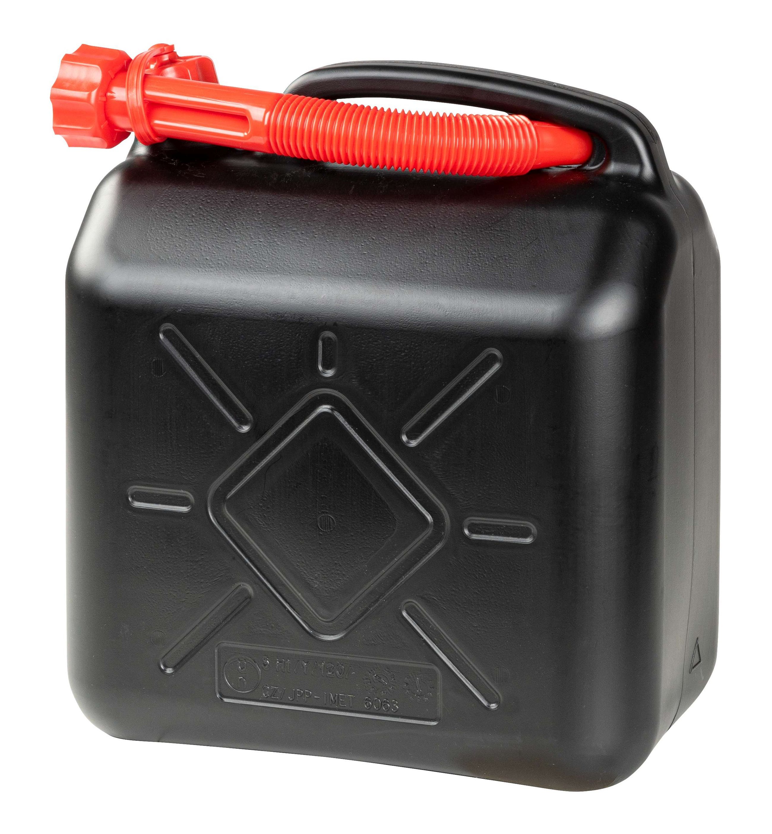 Benzineblik 10 liter, brandstofblik UN-gekeurd, reserveblik met veiligheidssluiting zwart/rood
