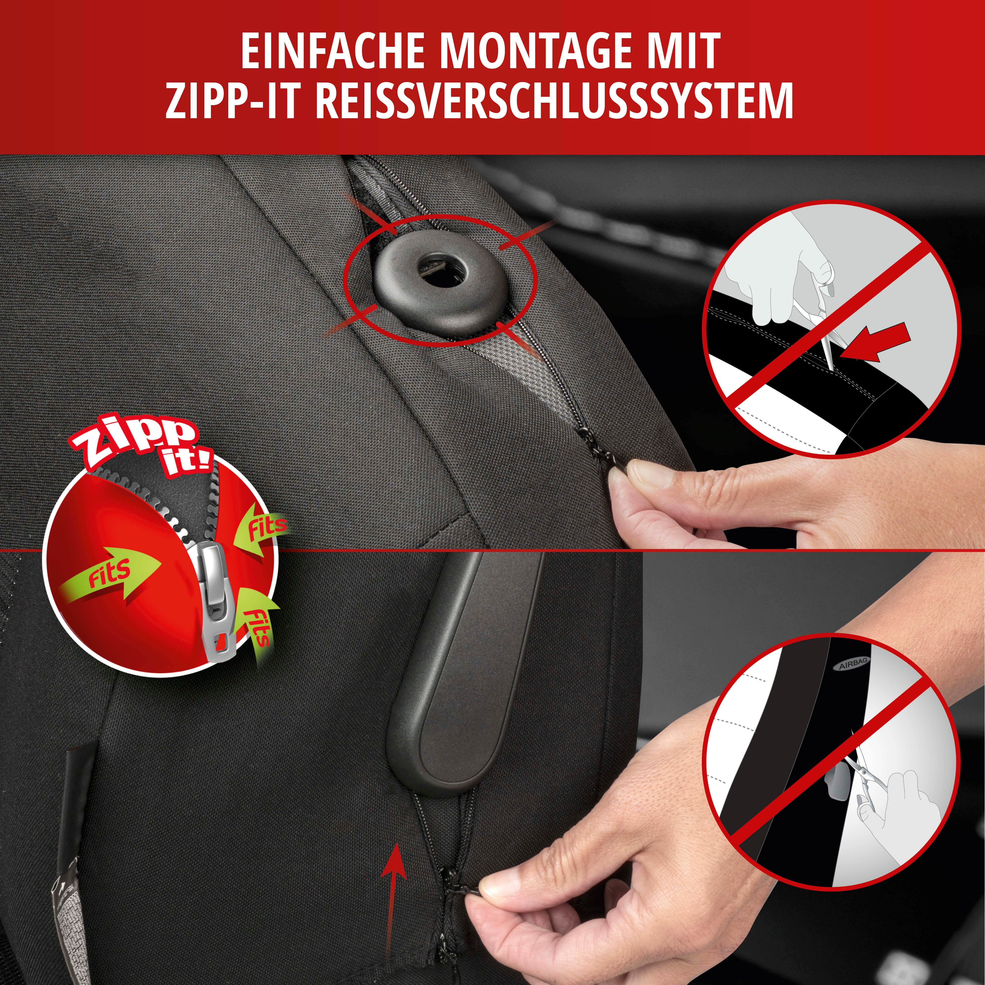 Autositzbezug ZIPP-IT Premium Inde, PKW-Schonbezüge für 2 Vordersitze mit Reißverschluss-System schwarz/grau