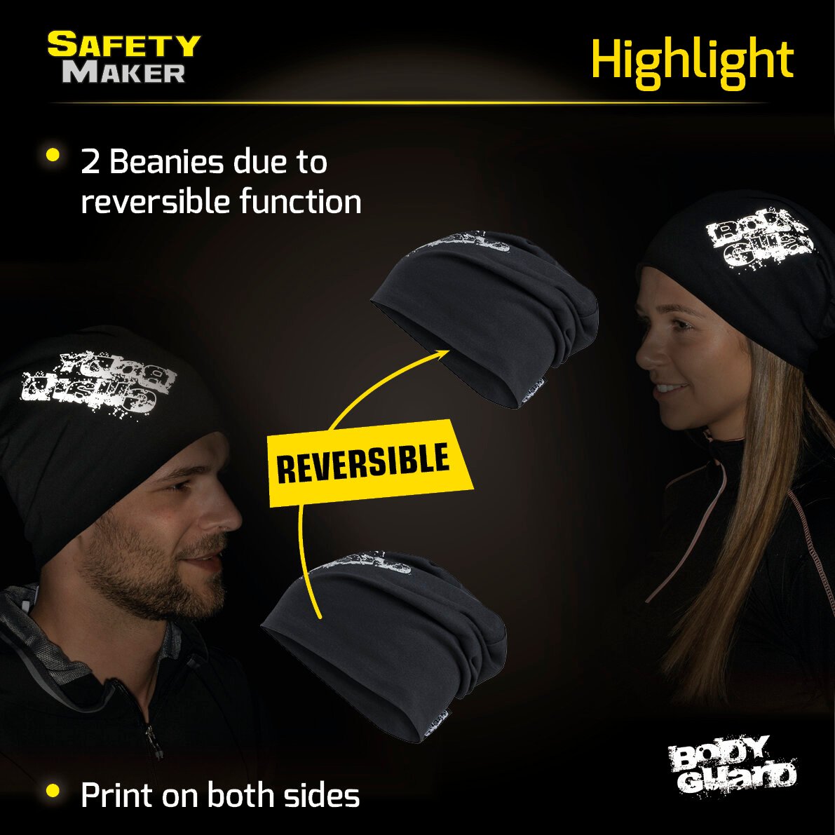 reversible beanie, cap, sports cap reflective black-silver