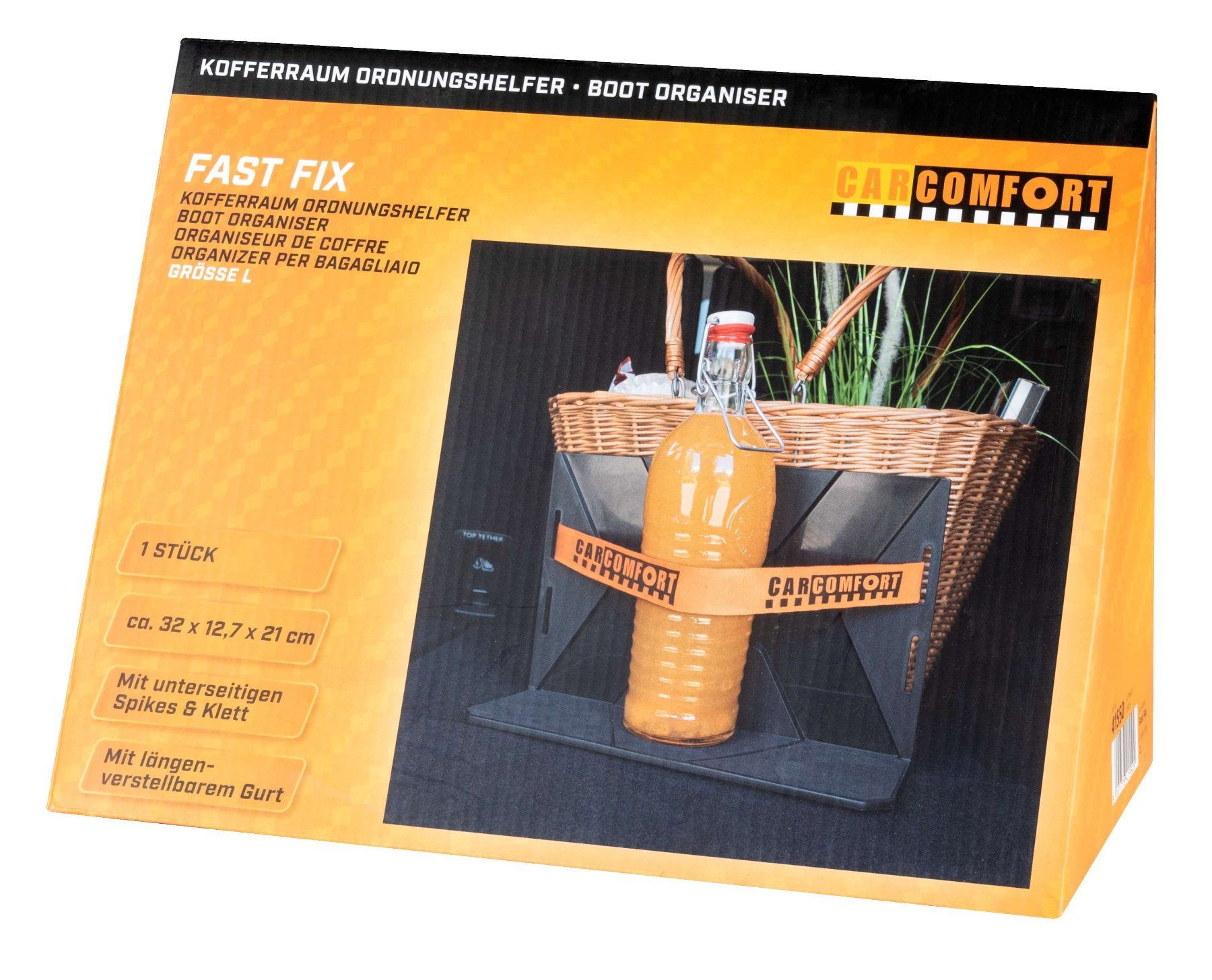 Kofferbakorganizer FastFix, laadhulp met riem, kofferbakbeveiliger met kofferbakhouder en riem zwart/oranje