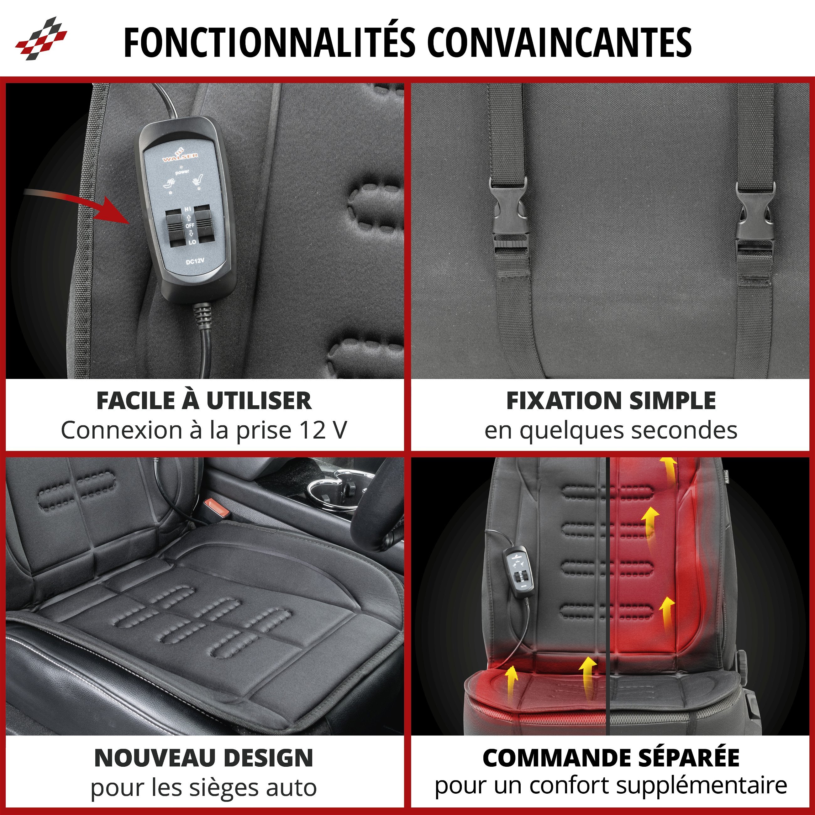 Housse de siège Caldo pour voiture, dossier et assise chauffés séparément, coussin chauffant pour siège de voiture avec prise 12 volts