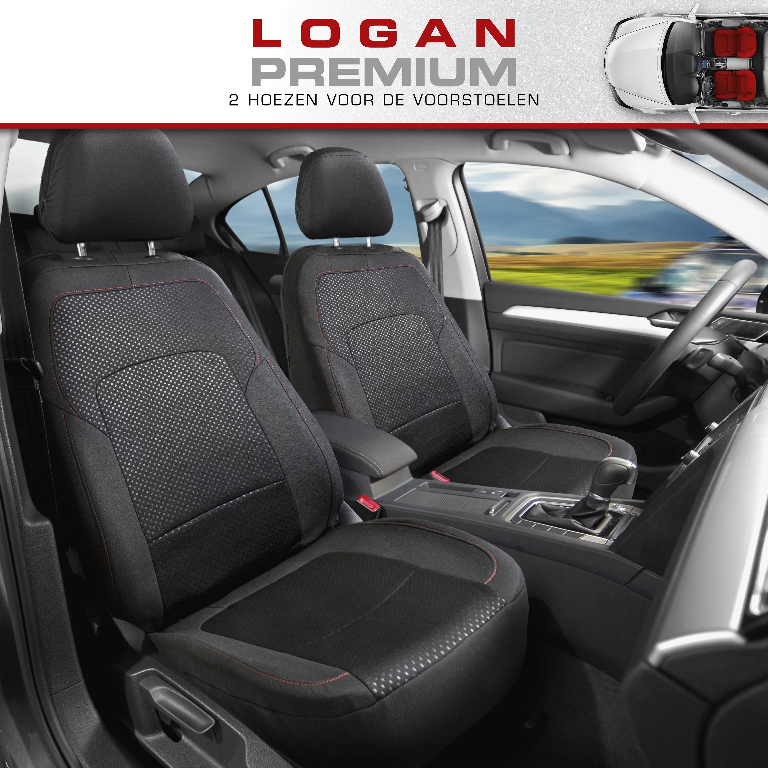 Premium autozetelhoezen Logan met rits, ZIPP-IT zetelhoezen, 2 voorzetelhoezen zwart/rood 11860