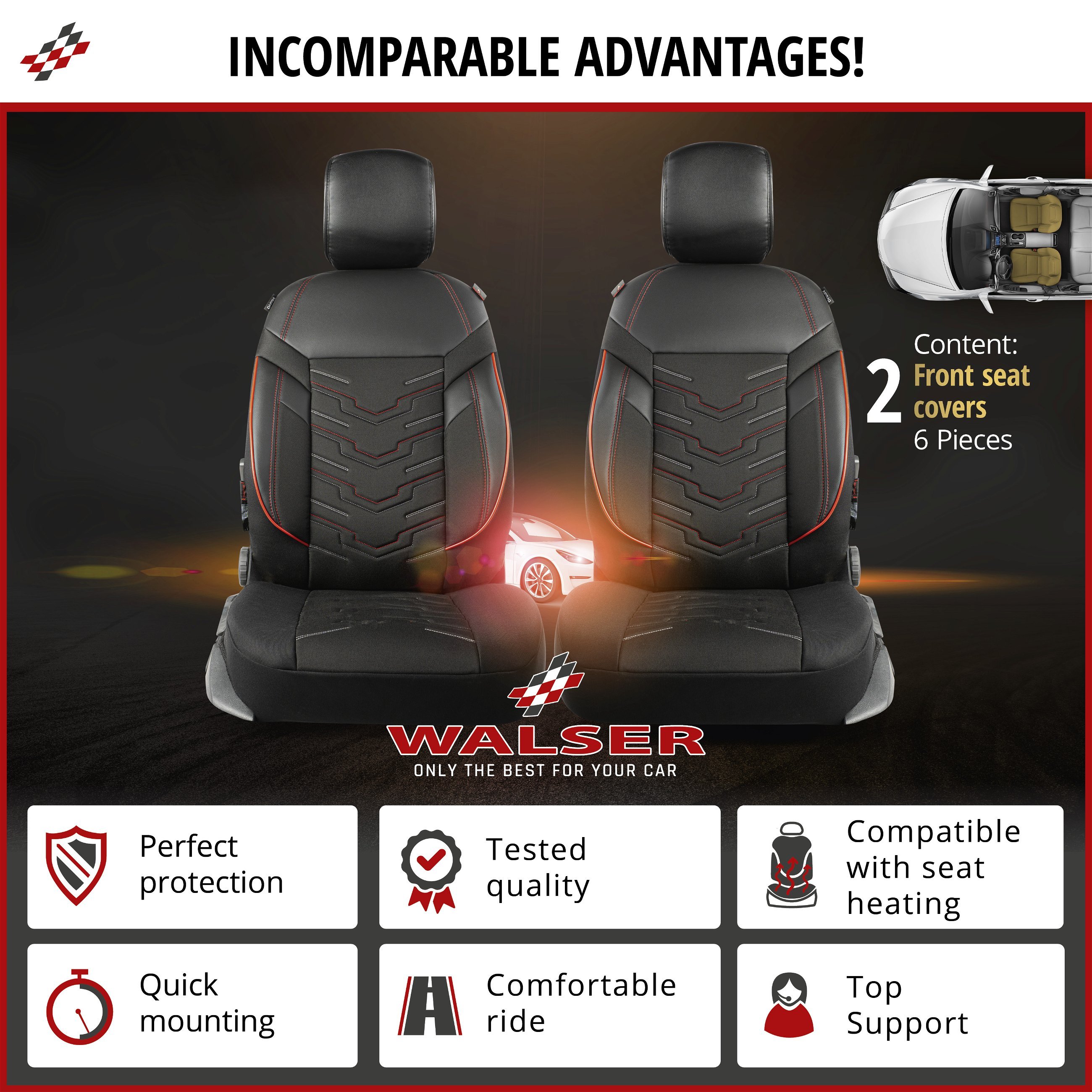 ZIPP IT Premium Car seat covers Marbella for two front seats with zip-system black/red