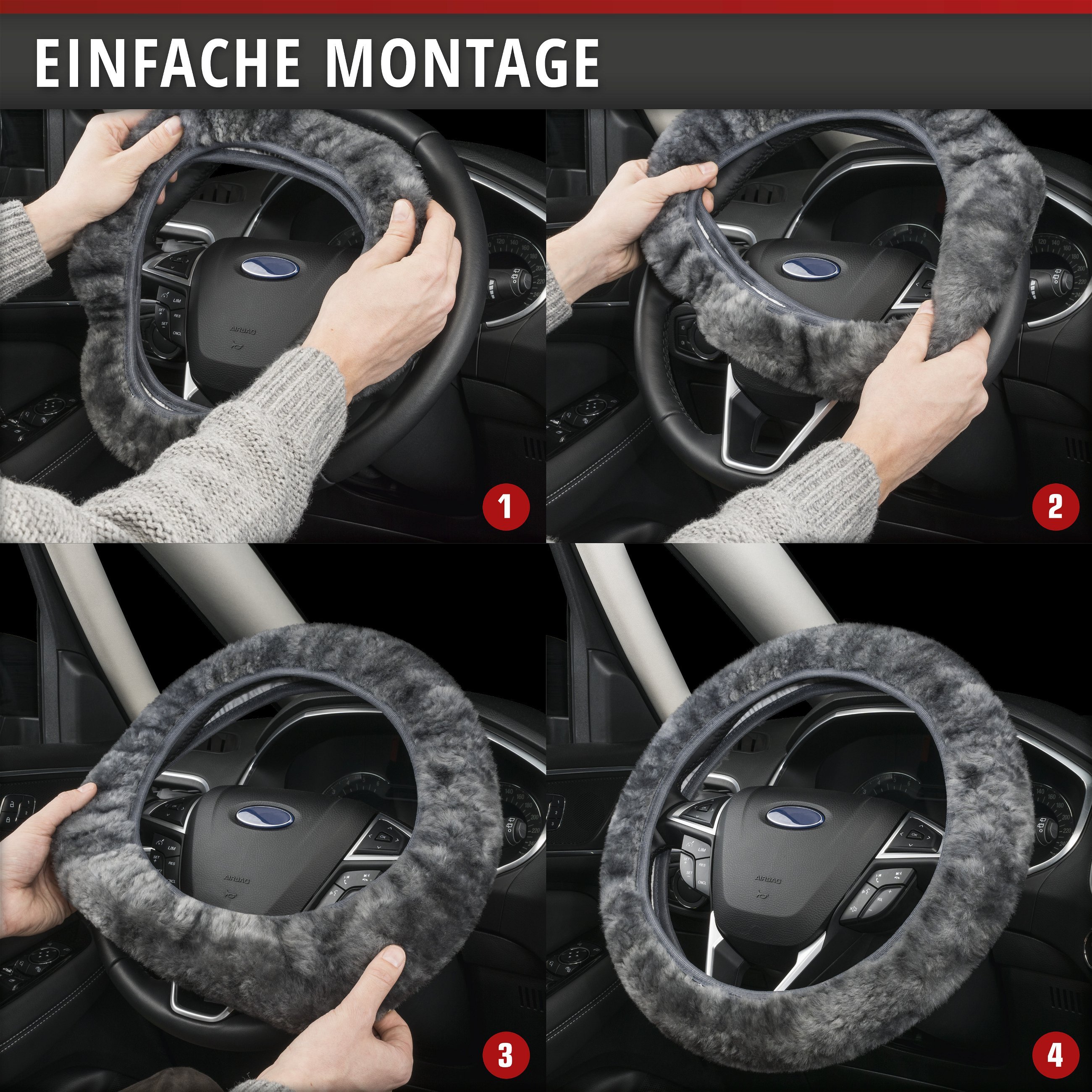 Lenkradbezug Lammfell, Auto-Lenkradschoner, Lenkradhülle Universalgröße anthrazit