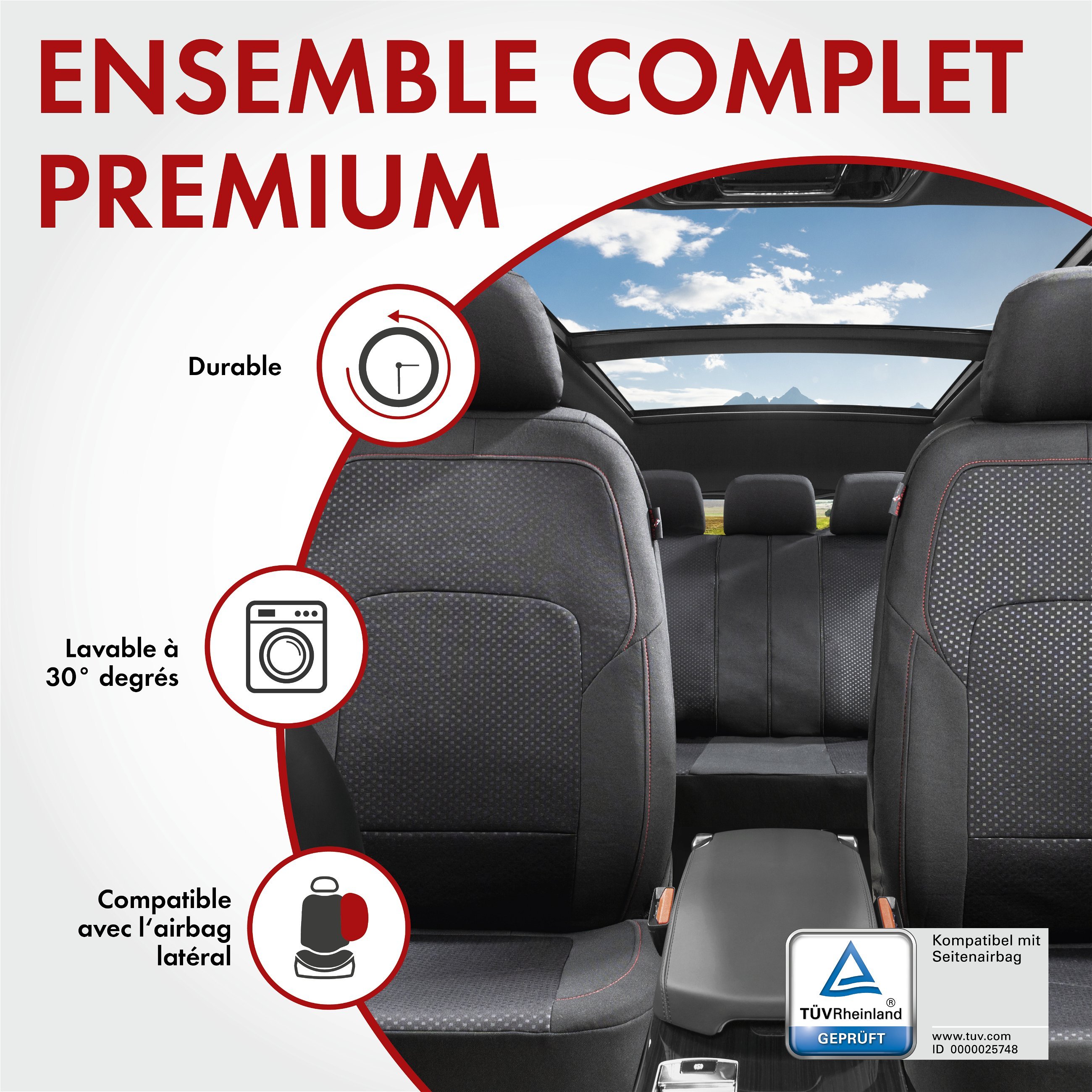 ZIPP IT Premium Housse de sièges Logan complet avec système de fermeture éclair noir/rouge