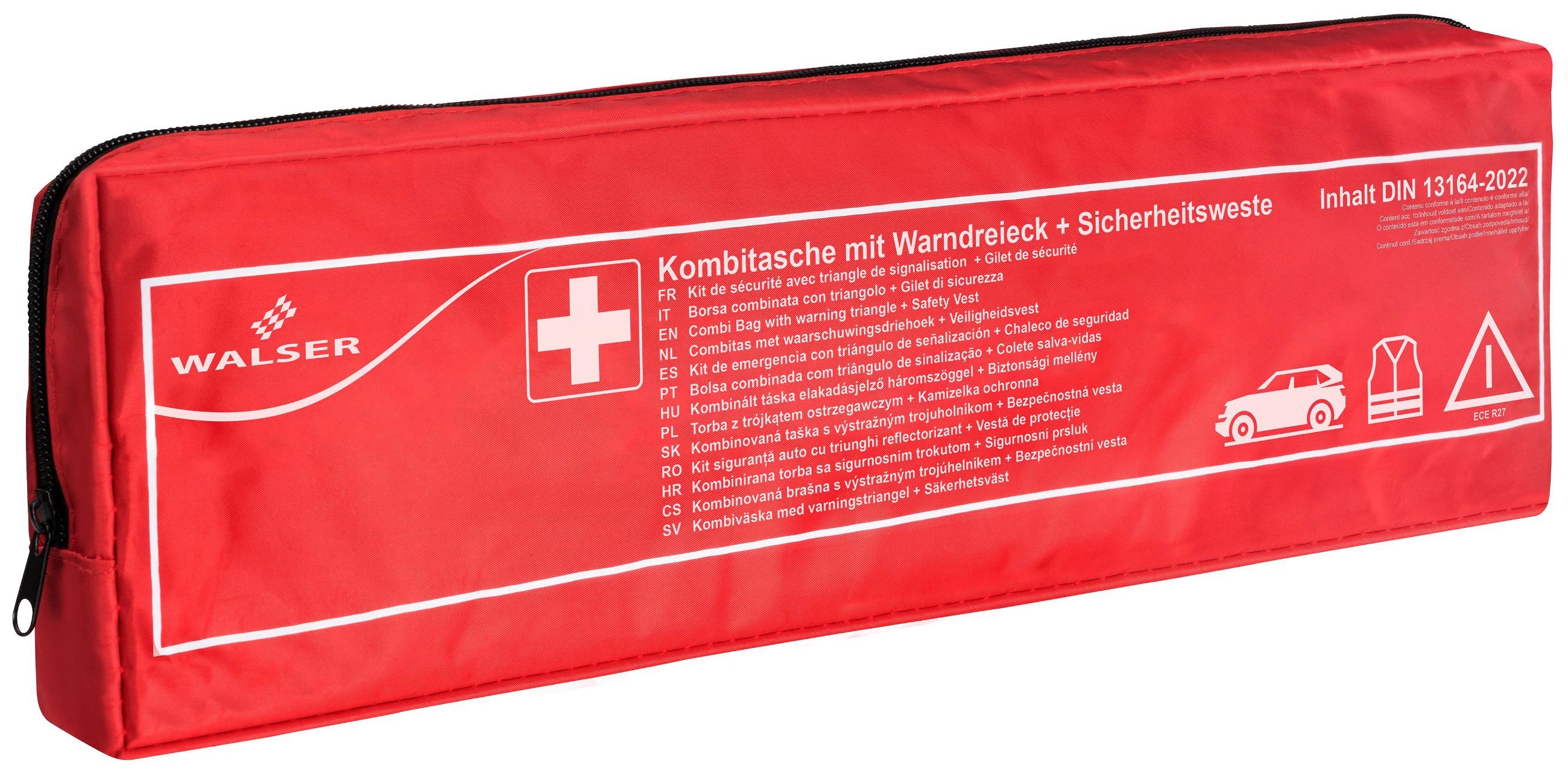 Trousse de secours automobile rouge conforme à la norme DIN 13164:2022, y compris triangle de panne et gilet de sécurité, kit de premiers secours automobile