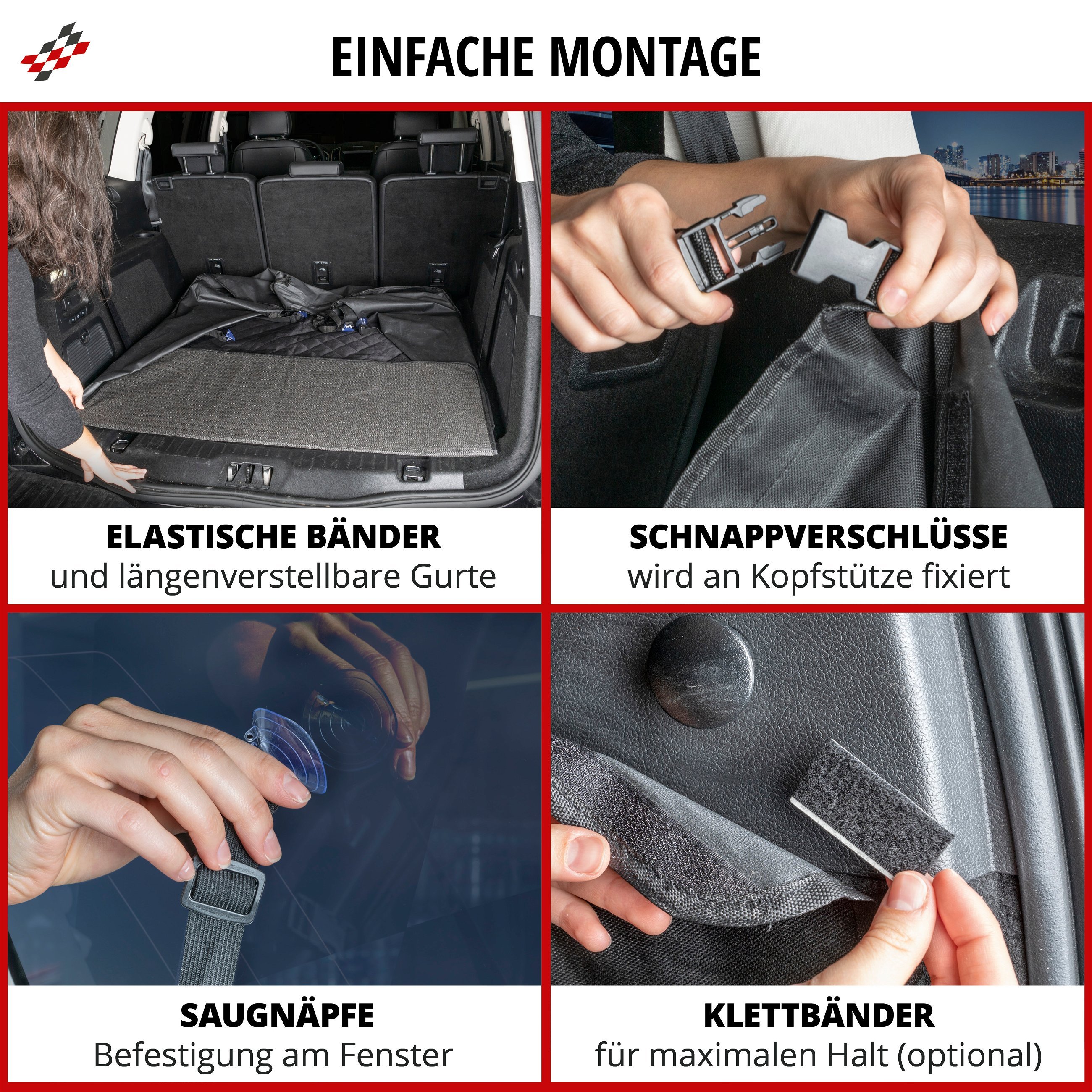 Kofferraumdecke Bello, Auto-Hundedecke, 3in1 Kofferraummatte mit Ladekantenschutz und Organizer schwarz
