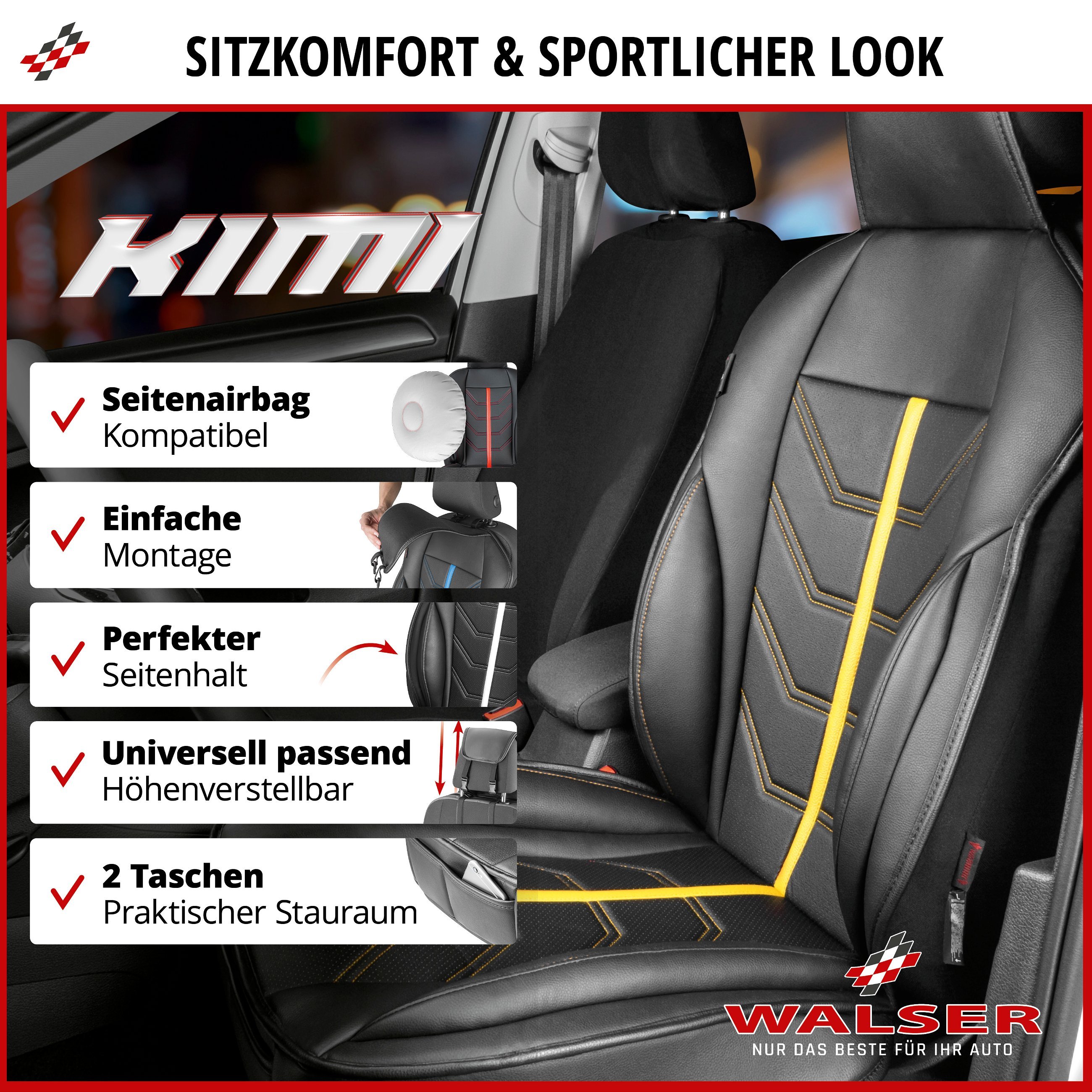 PKW Sitzauflage Kimi, Auto-Sitzaufleger im Rennsportdesign schwarz/gelb