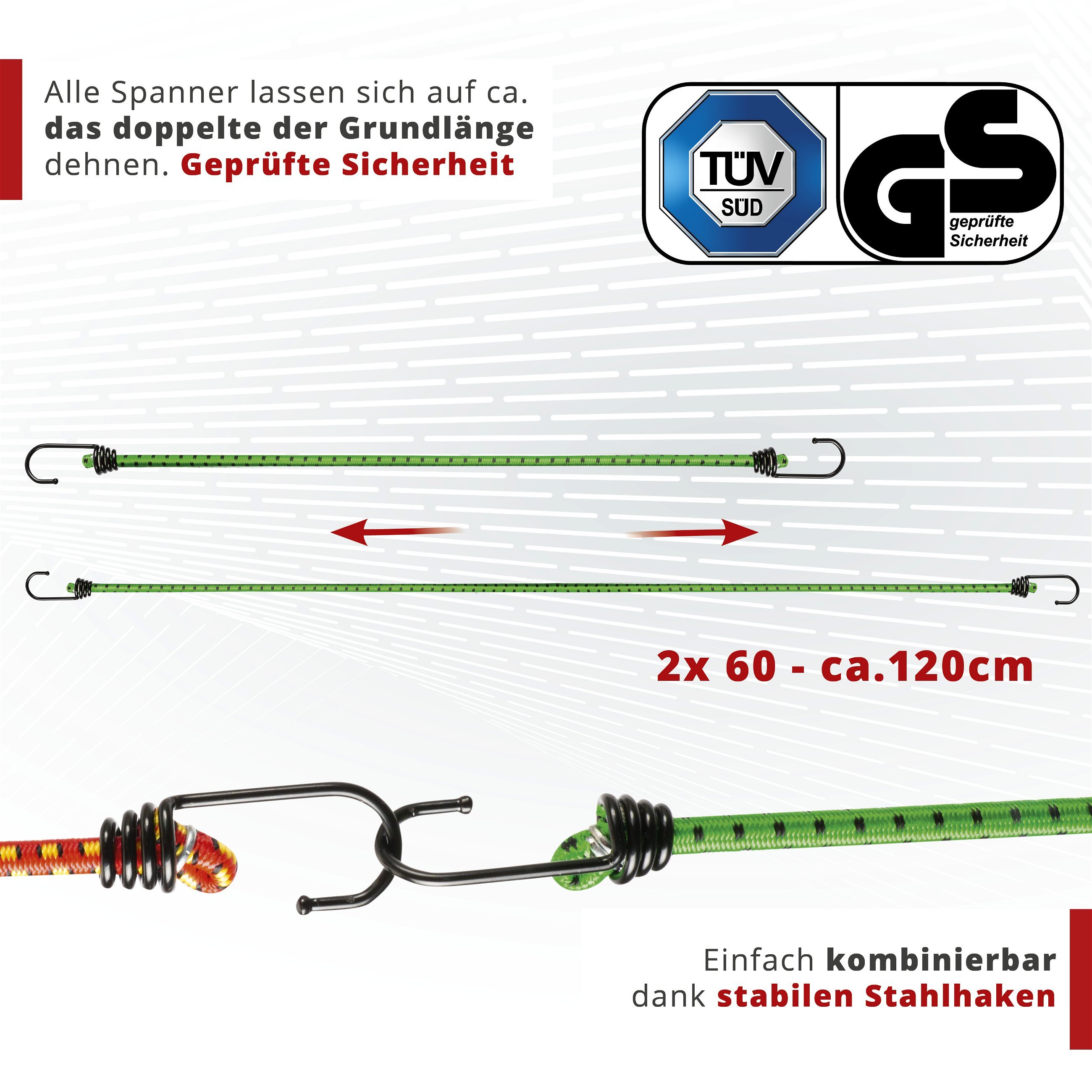 Gepäckspanner mit Haken, Spanngummi-Set, 2 Spanngurte 60 cm grün