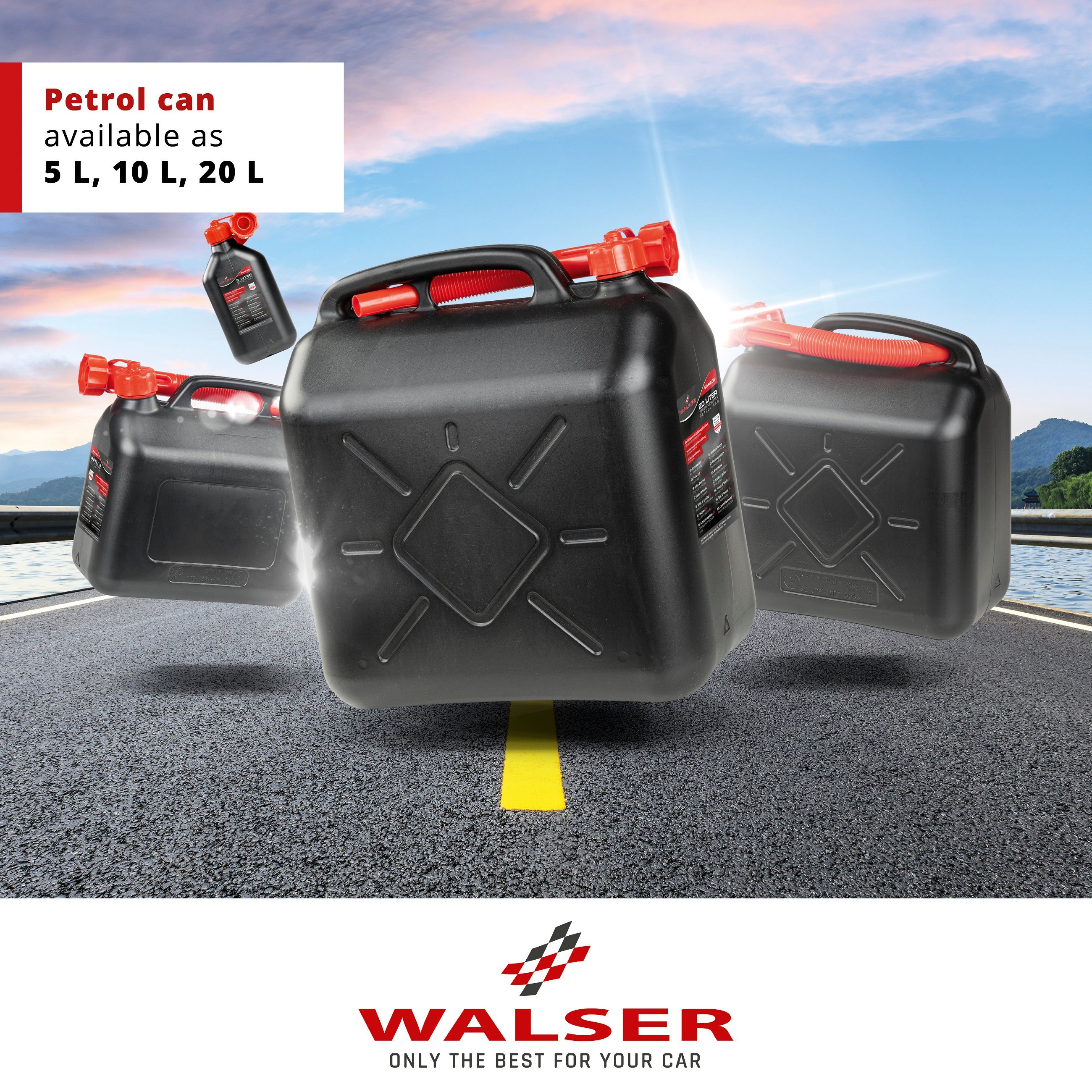 Petrol can 20 litres, fuel can UN-approved, spare can with safety cap black/red