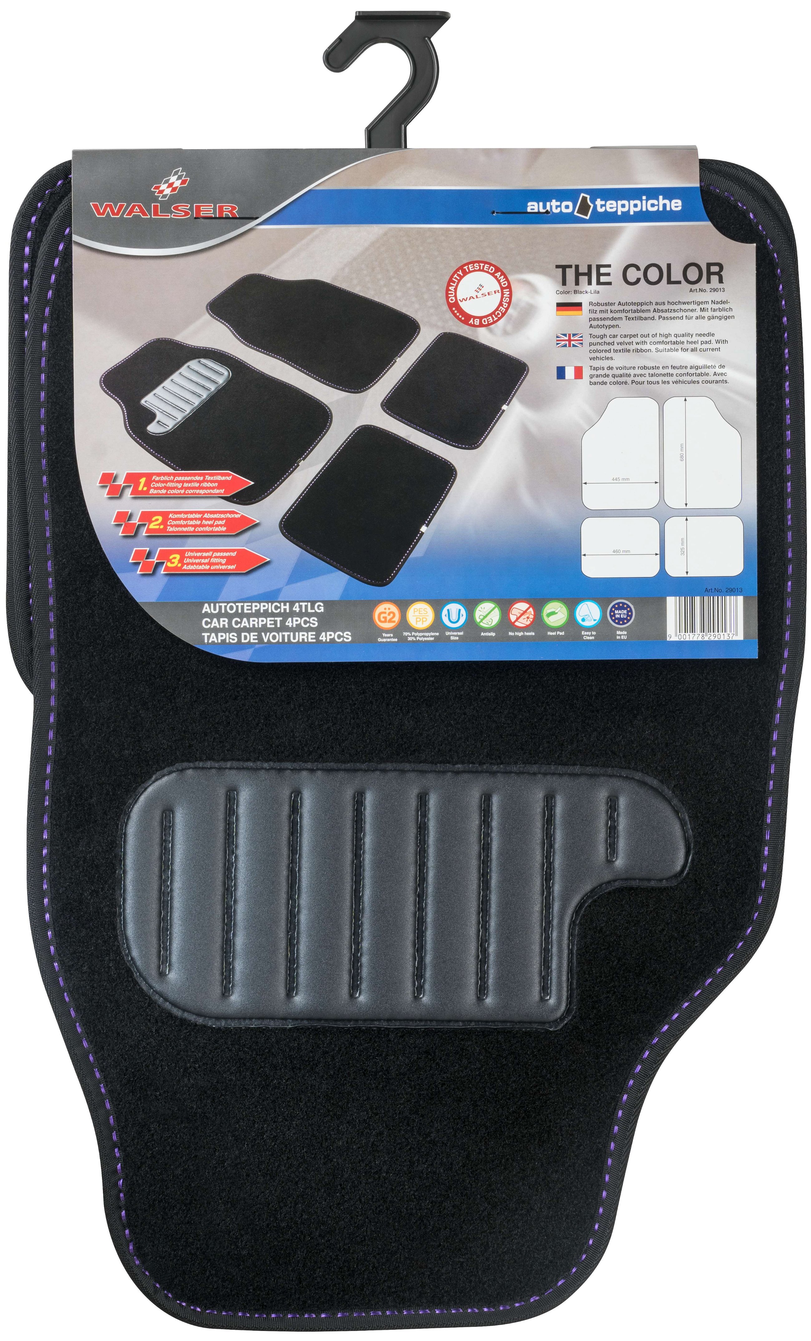 Tapijt Color, universele vloermatten, vierdelige auto matten set met anti-slip noppen zwart/paars