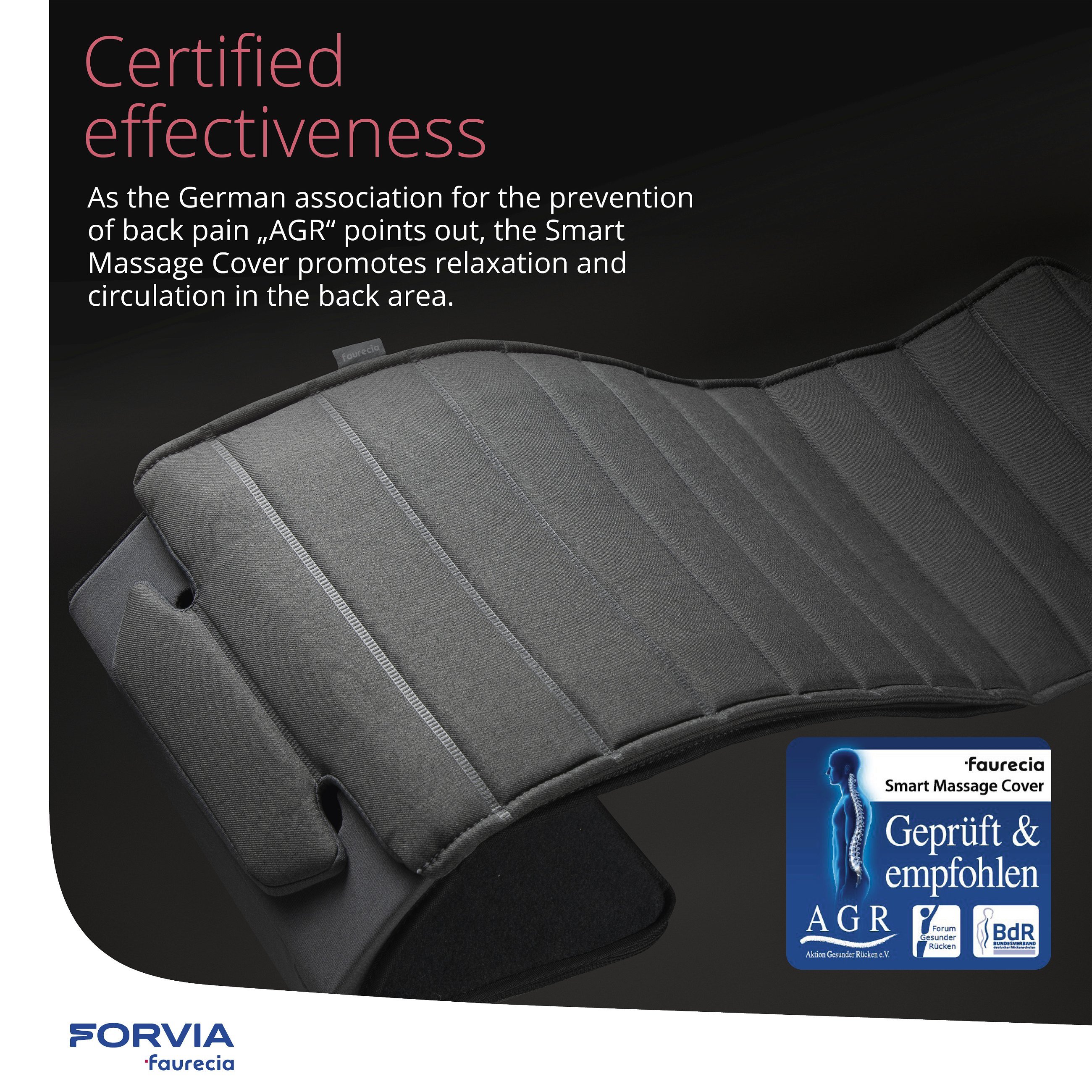 Faurecia Smart Massage Cover, car massage seat cushion with app control and integrated battery, car seat pad certified by the Healthy Back Campaign