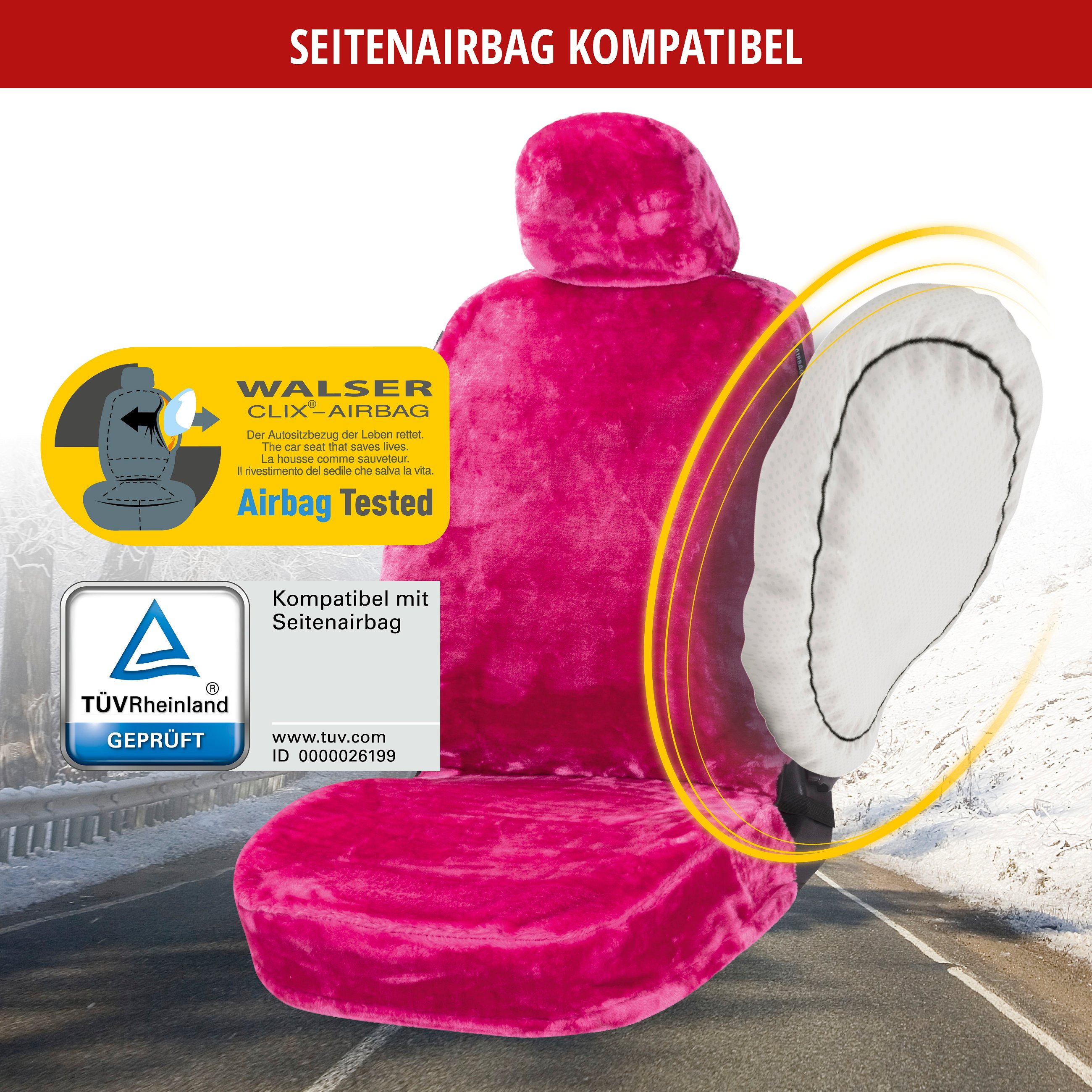 Autositzbezug Teddy aus Kunstfell, PKW-Schonbezug Einzelsitz, Kunstfellbezug vegan pink