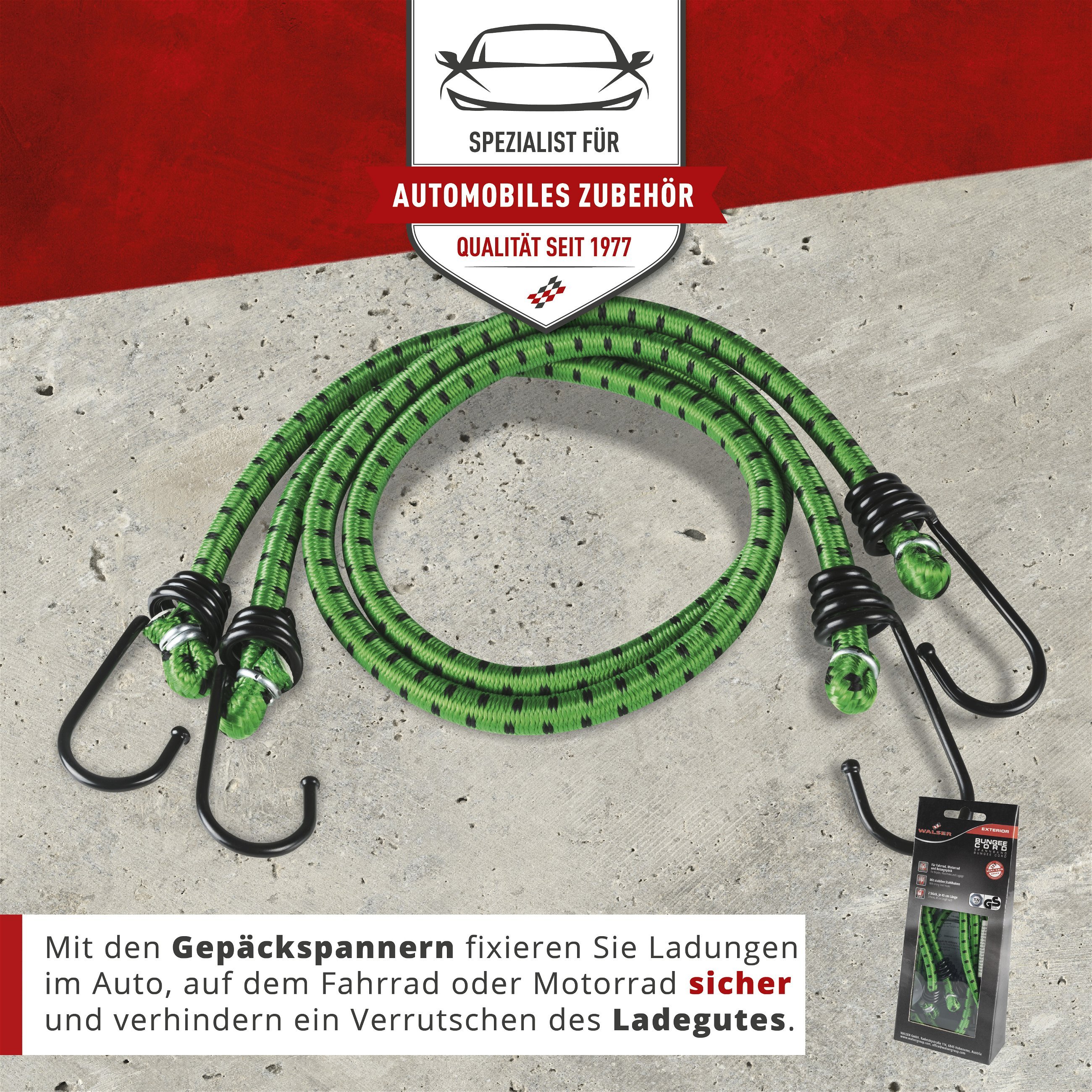 Gepäckspanner mit Haken, Spanngummi-Set, 2 Spanngurte 60 cm grün