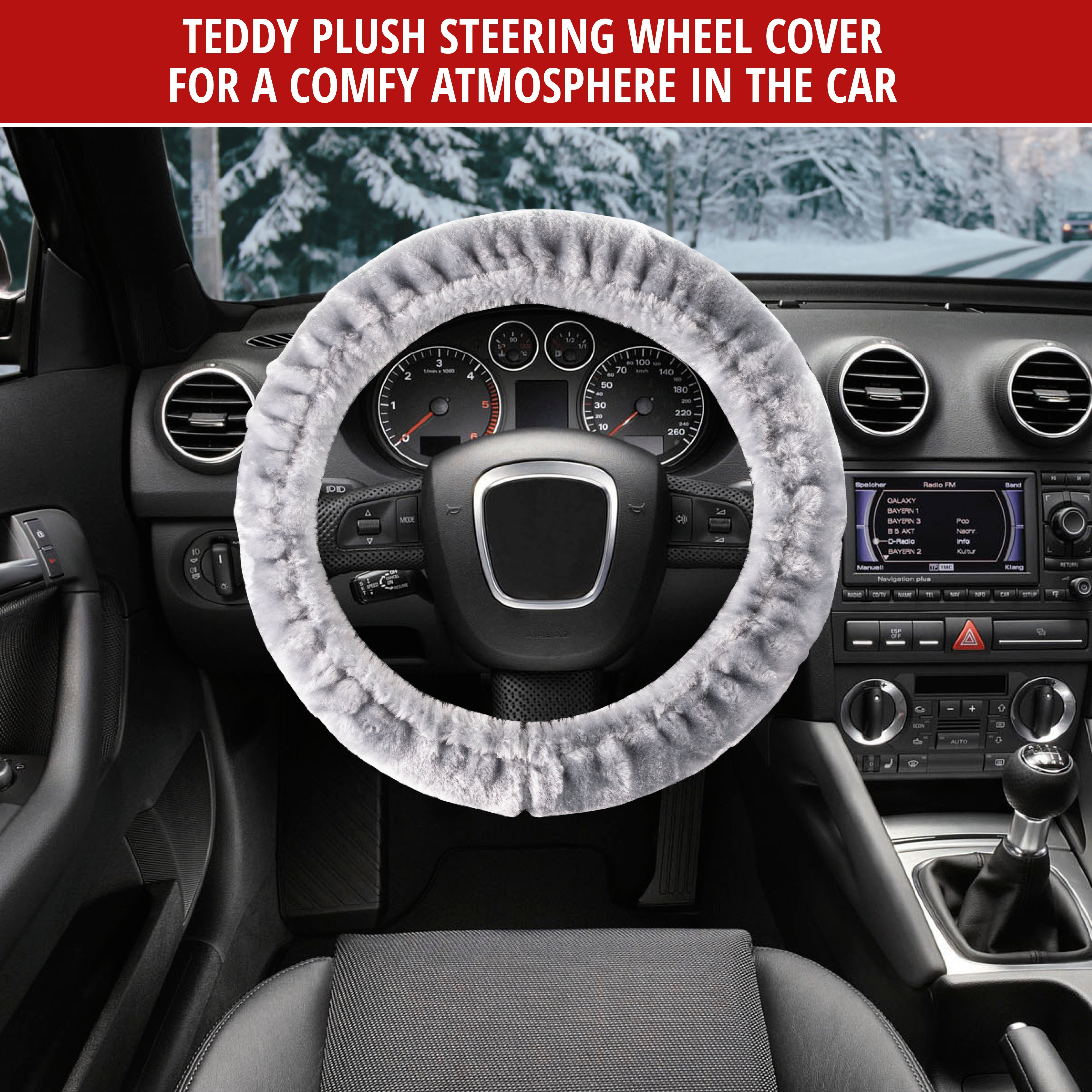 Steering wheel cover Teddy Plush faux fur vegan silver