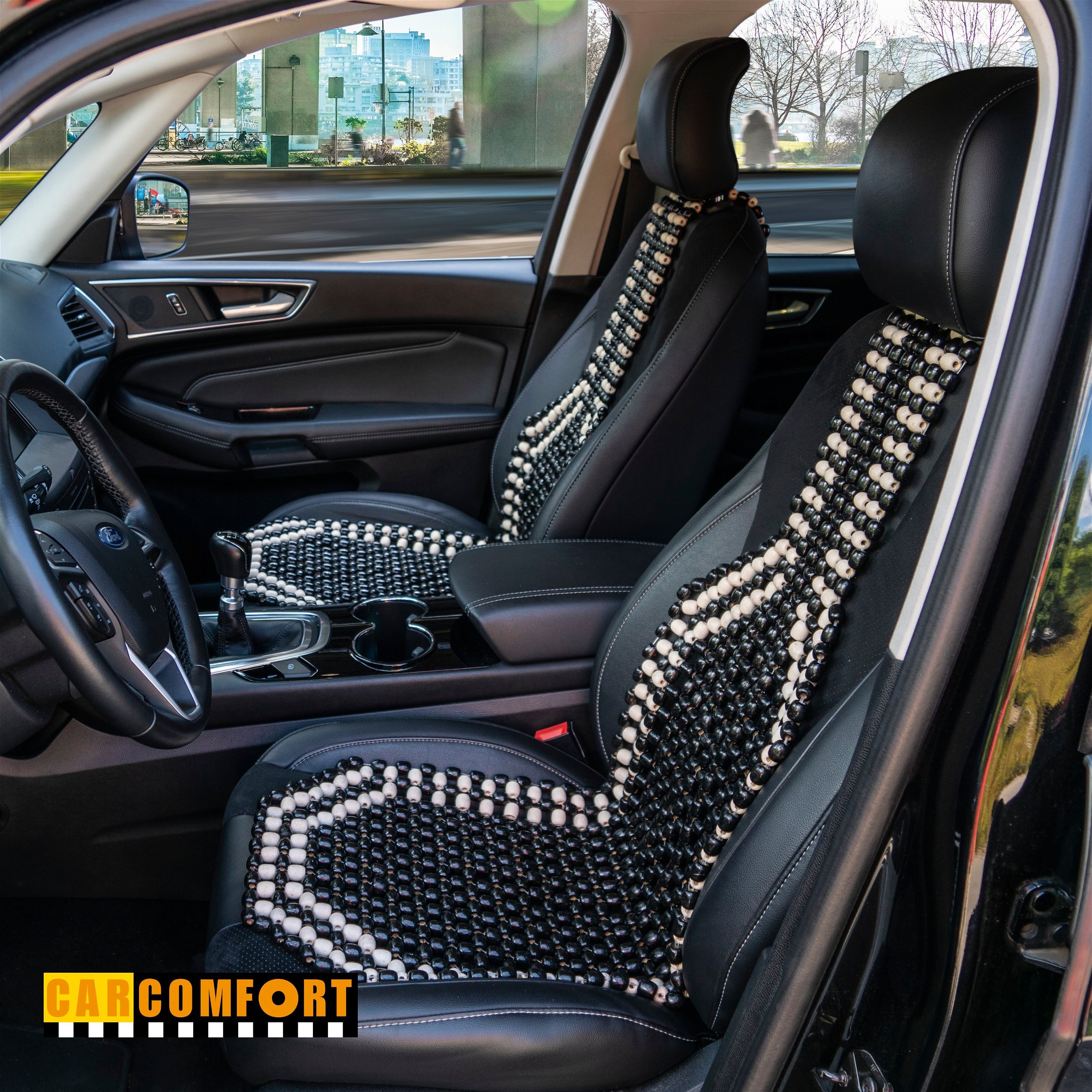 Car Seat cover from wooden beads black/white