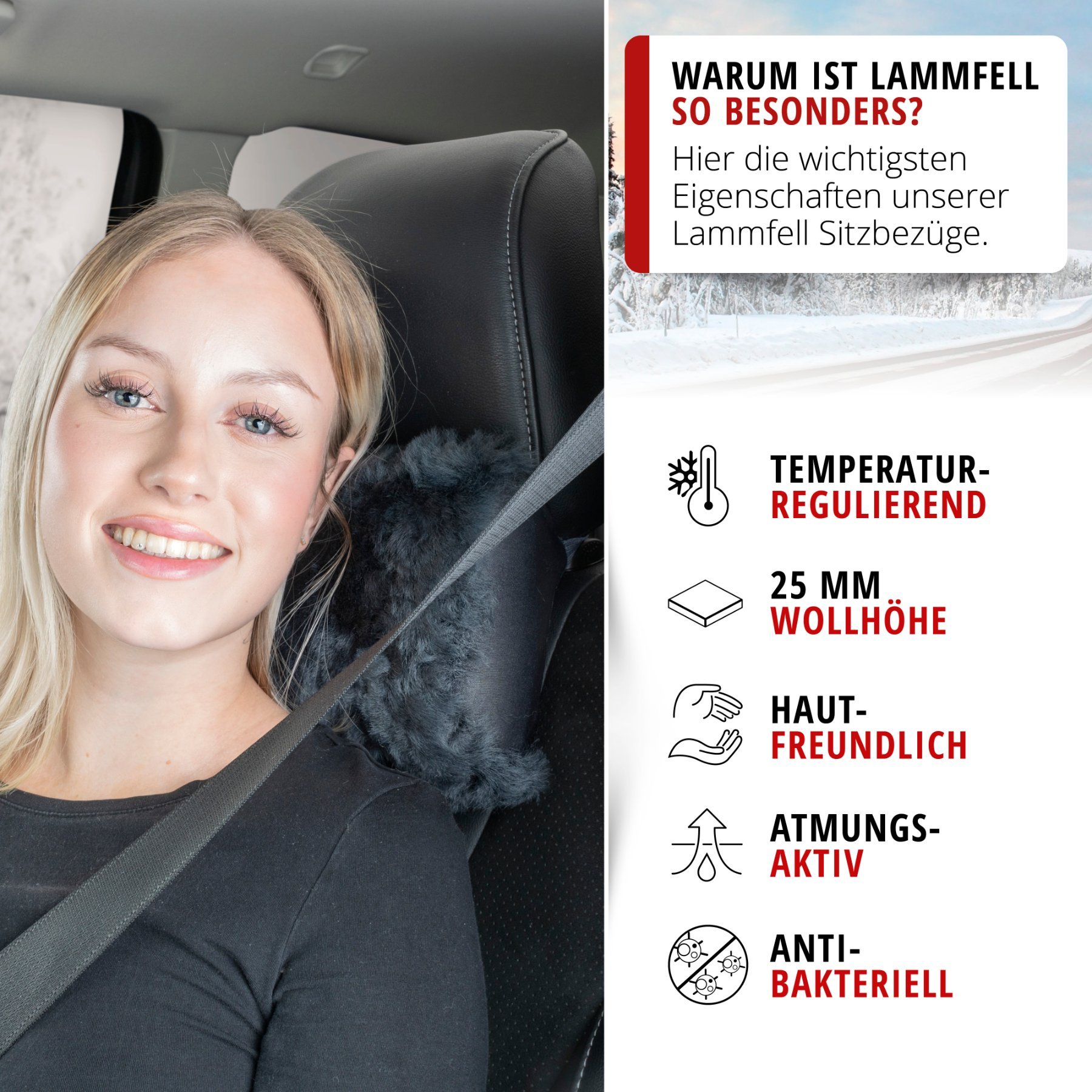 Nackenstütze Mila aus Lammfell, Nackenkissen-Auto, Lammfell-Reisekissen anthrazit